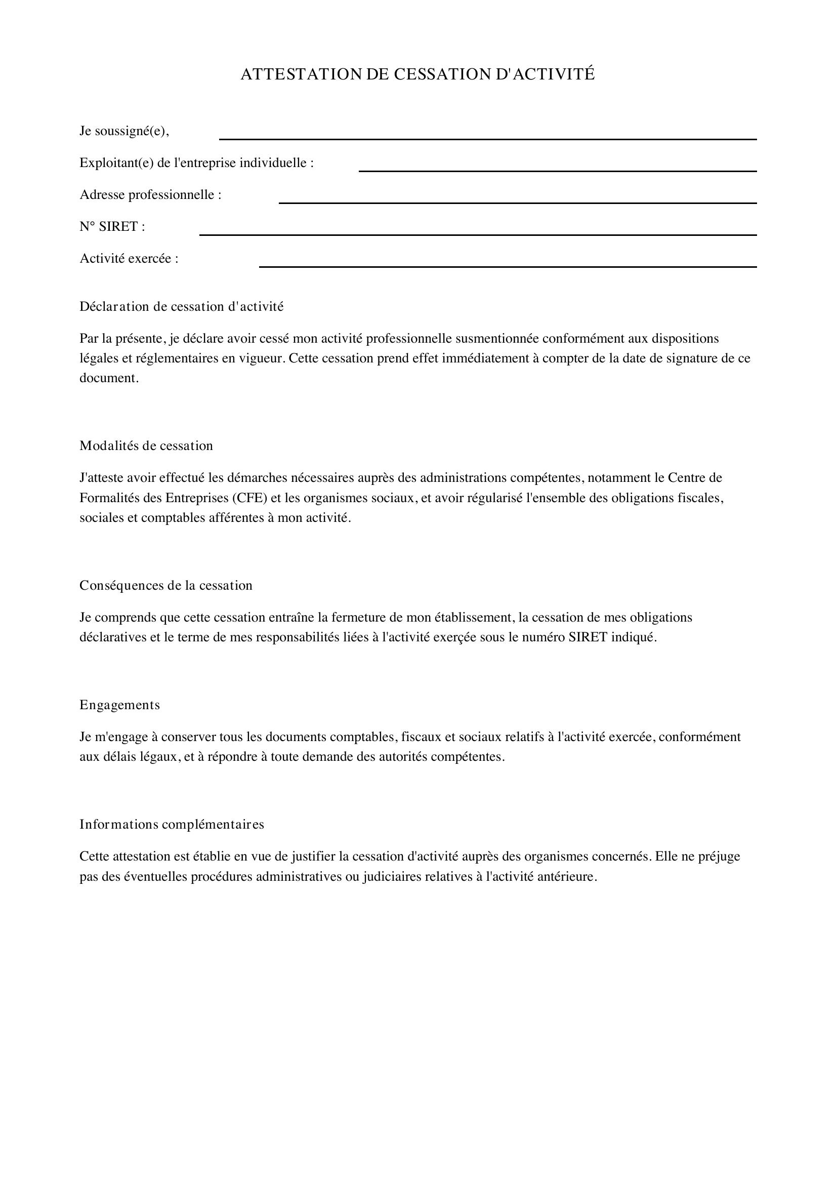 Attestation De Cessation D'Activité