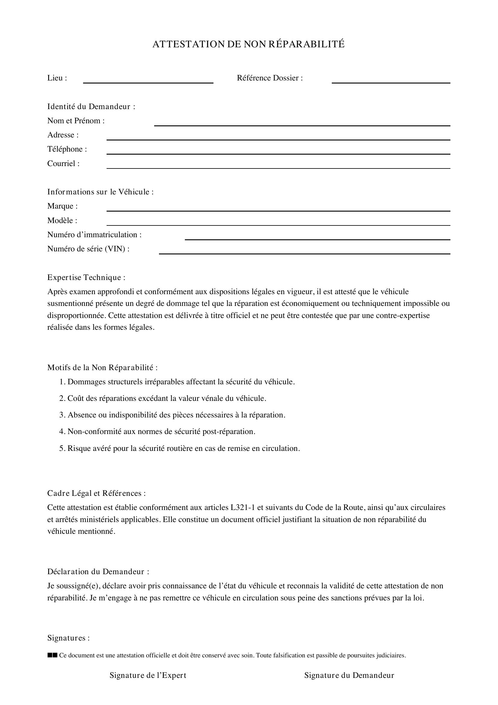 Attestation De Non Réparabilité