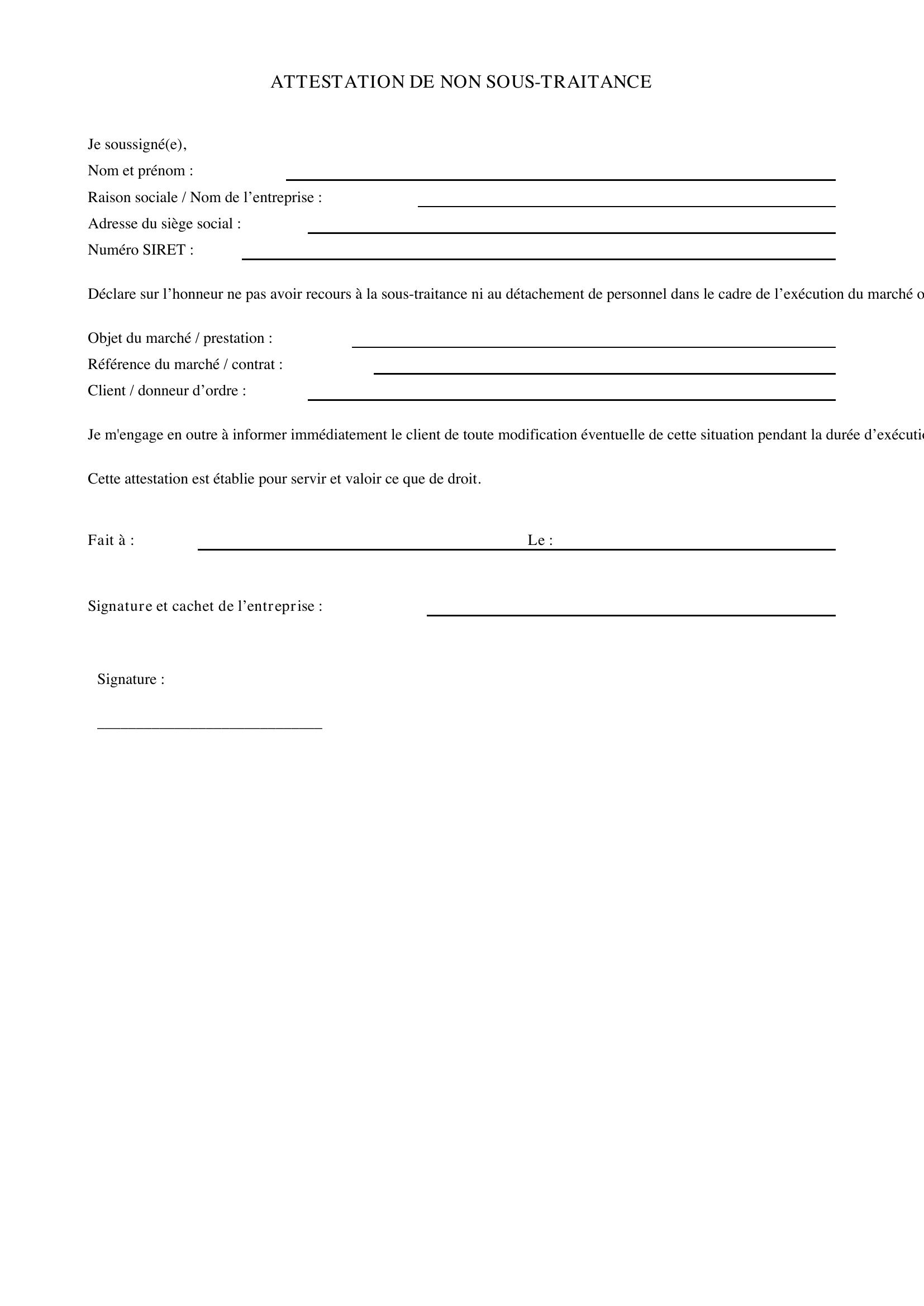 Attestation De Non Sous Traitance