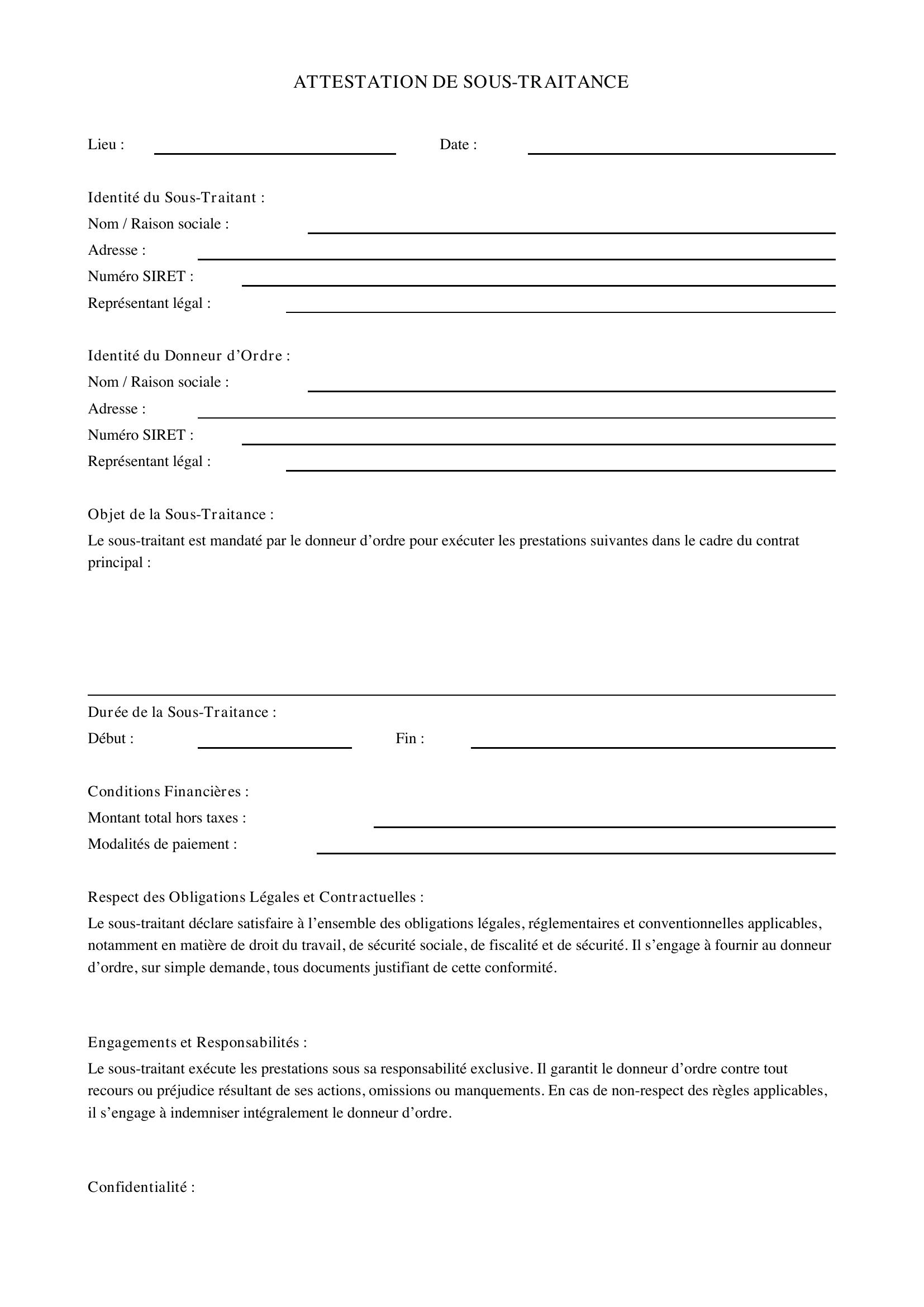 Attestation De Sous Traitance