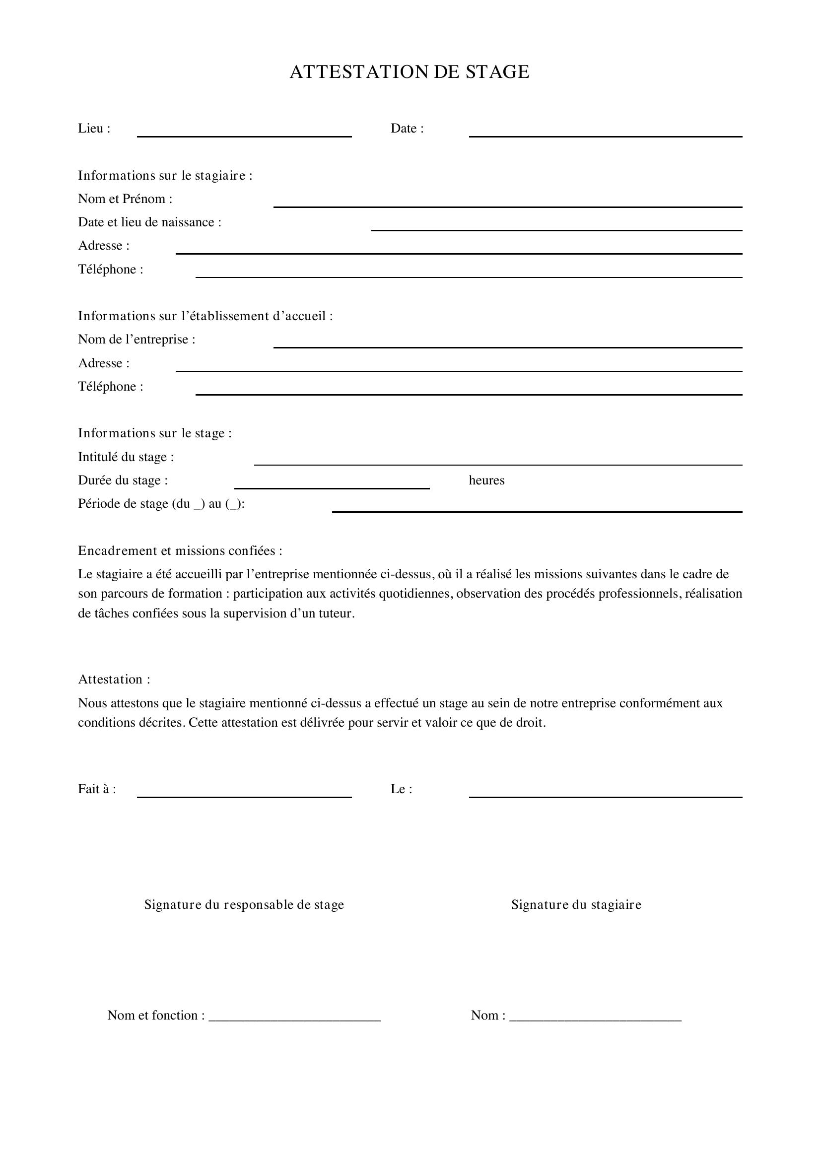 Attestation De Stage