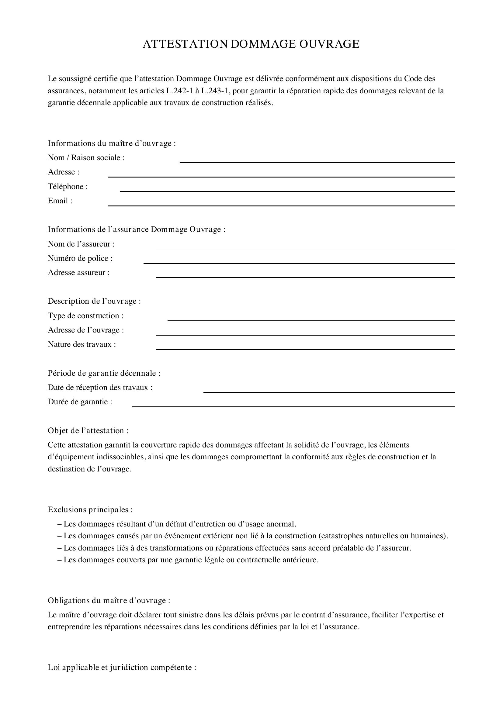 Attestation Dommage Ouvrage