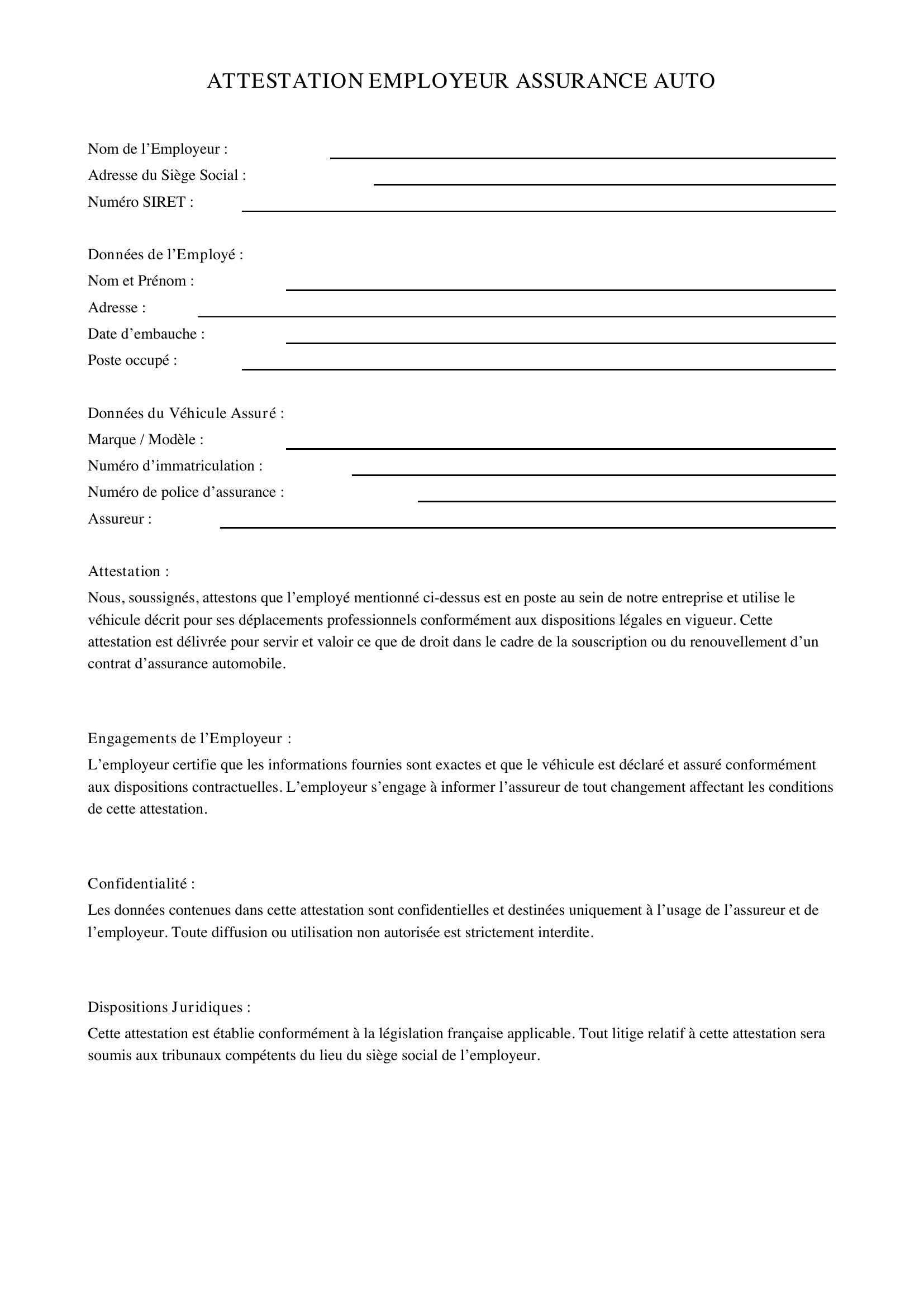 Attestation Employeur Assurance Auto