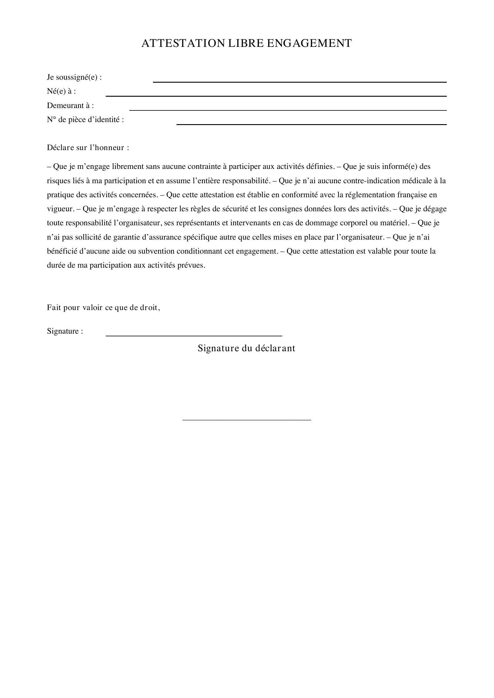 Attestation Libre Engagement