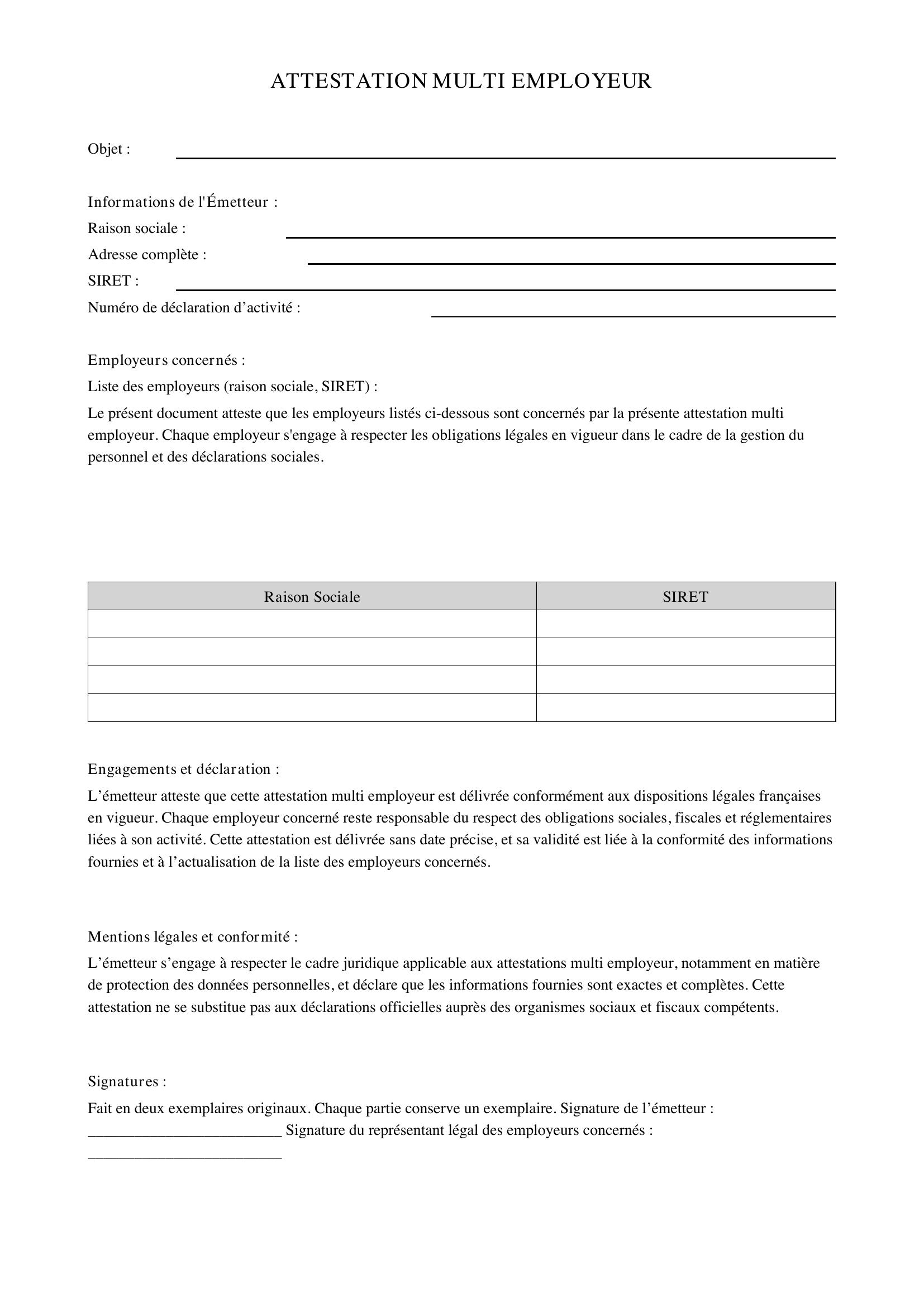 Attestation Multi Employeur