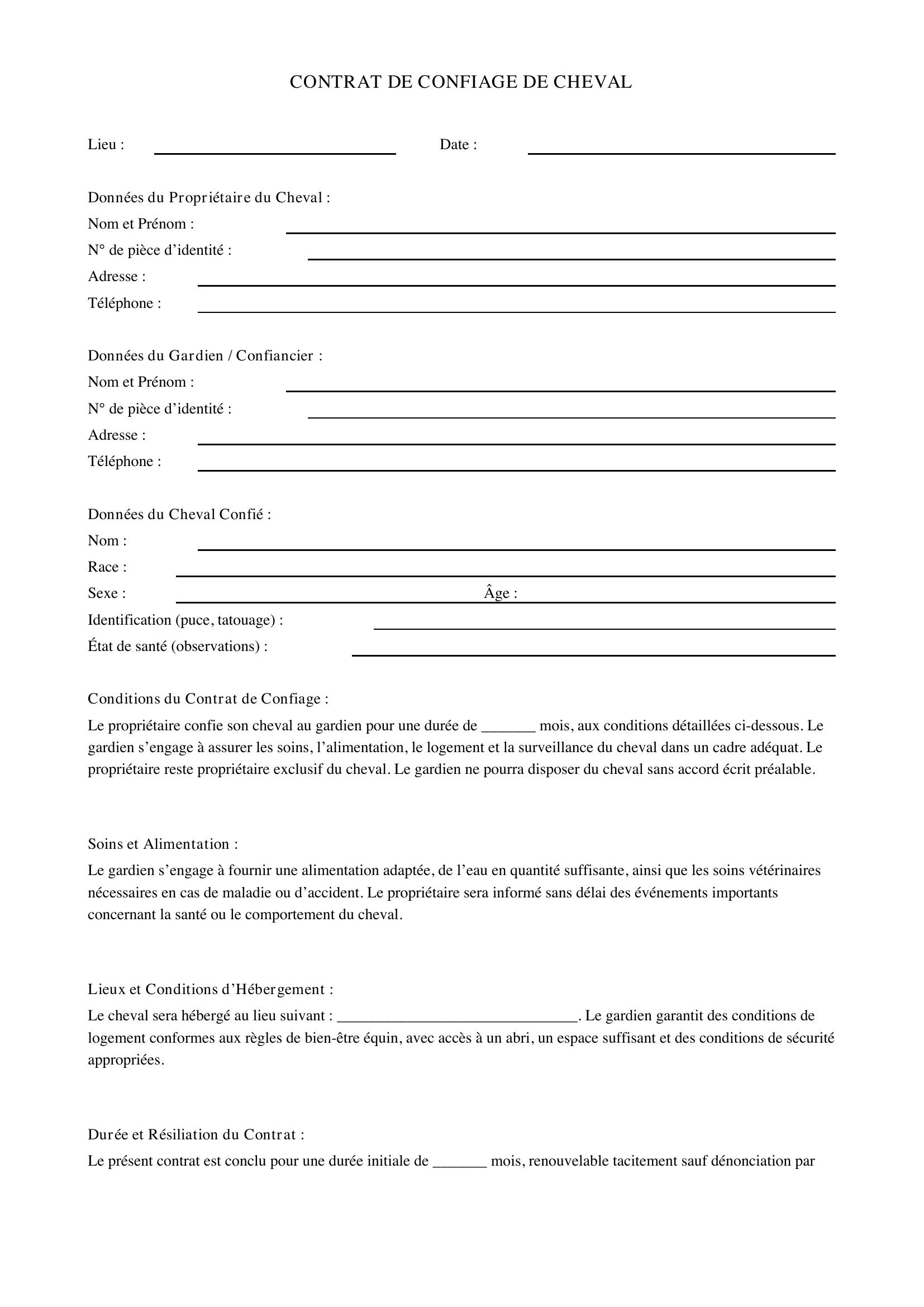 Contrat Confiage Cheval