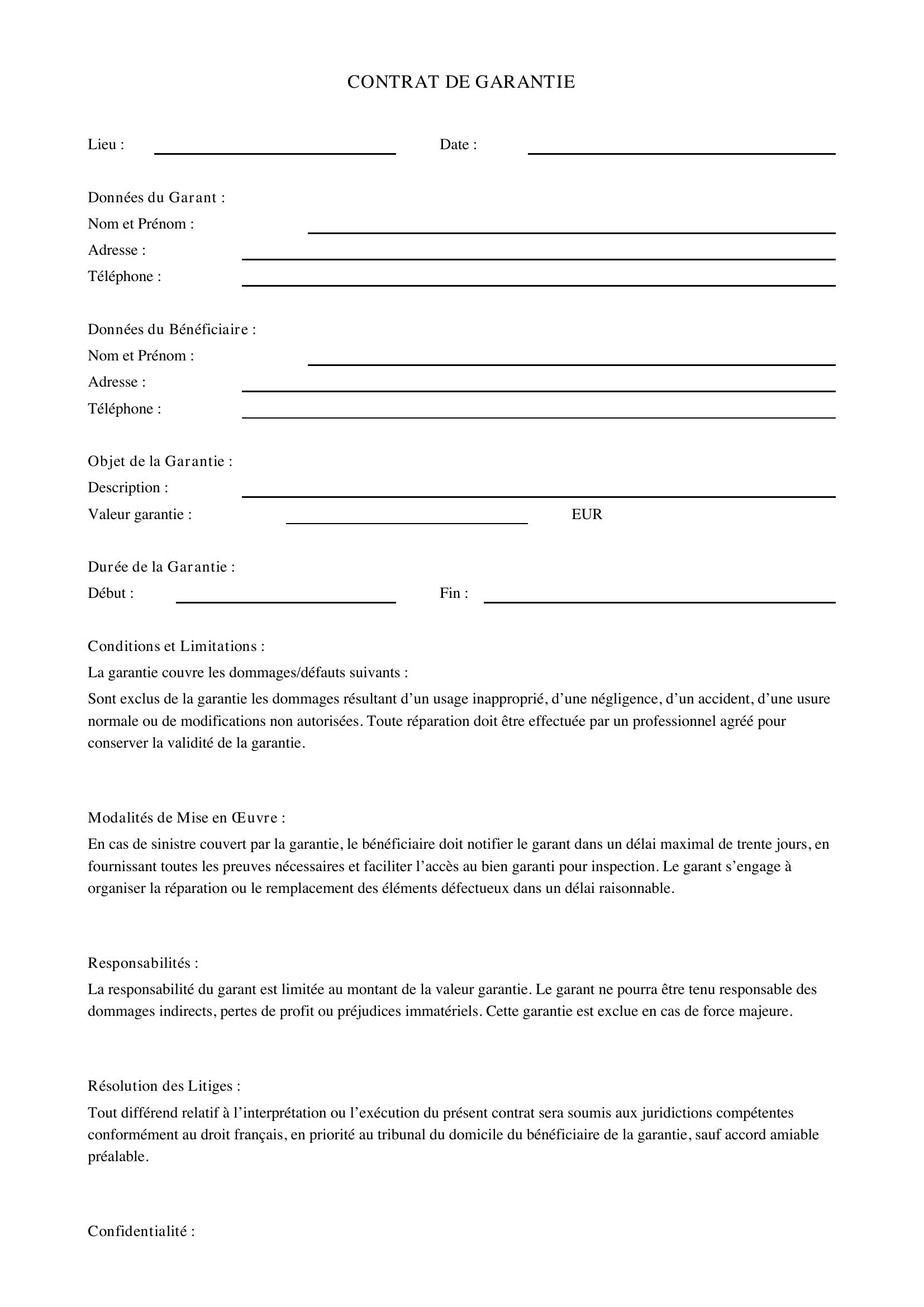 Contrat De Garantie