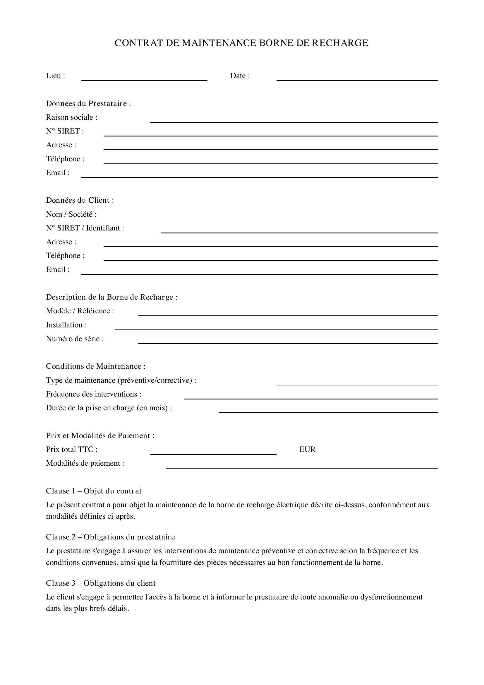 Contrat De Maintenance Borne De Recharge