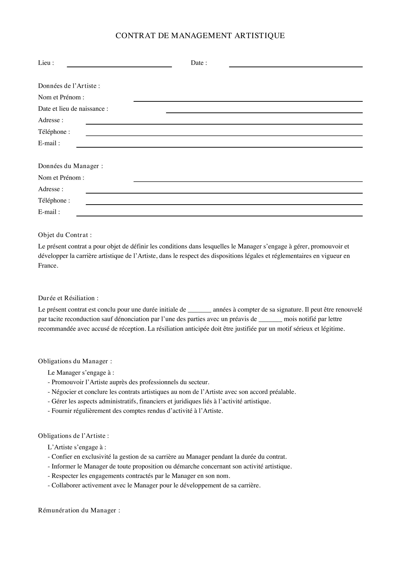Contrat De Management Artistique