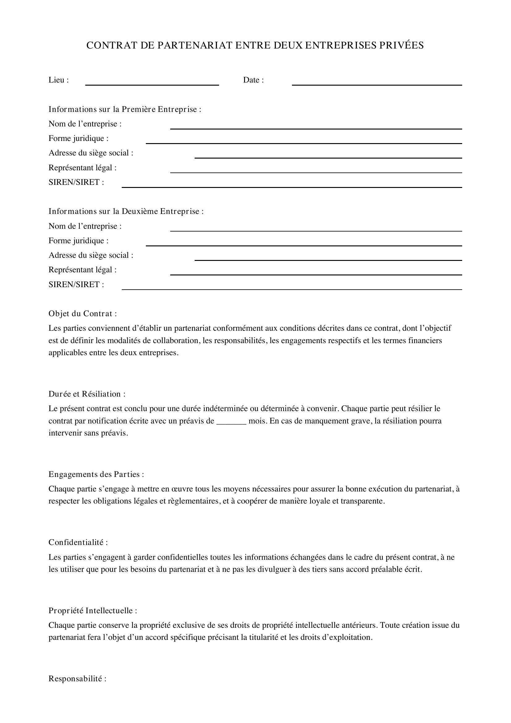 Contrat De Partenariat Entre Deux Entreprises Privées