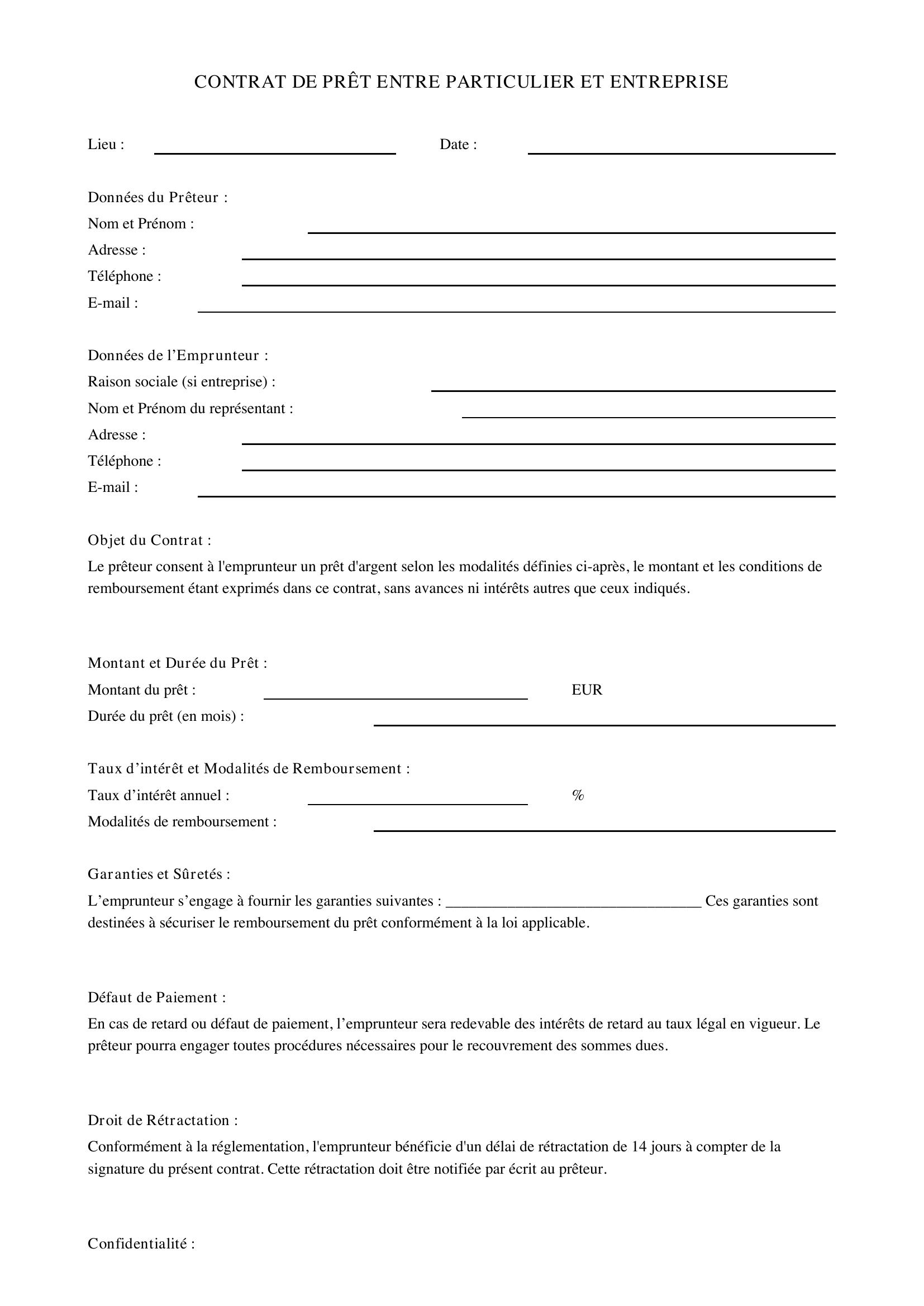 Contrat De Prêt Entre Particulier Et Entreprise
