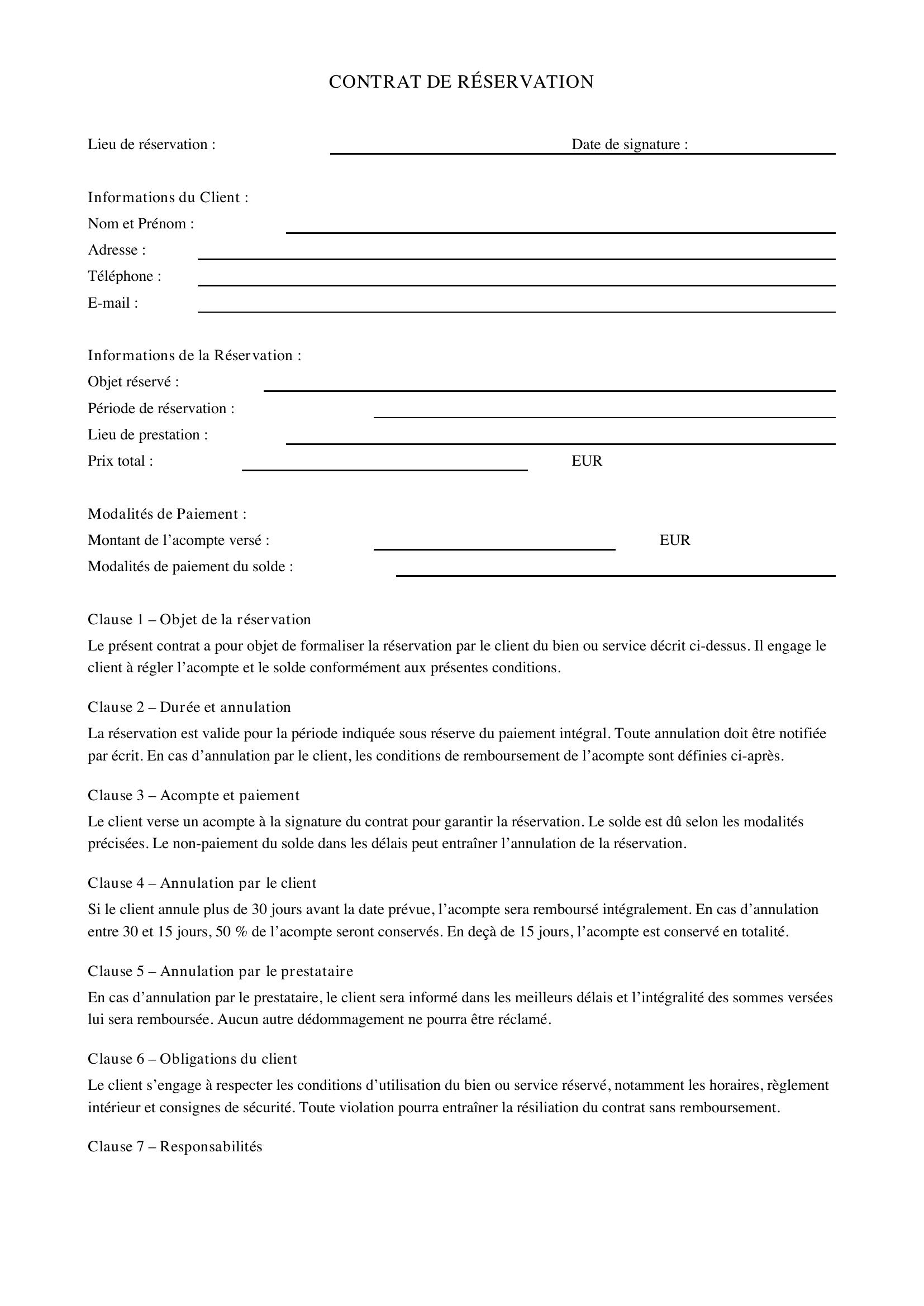 Contrat De Réservation