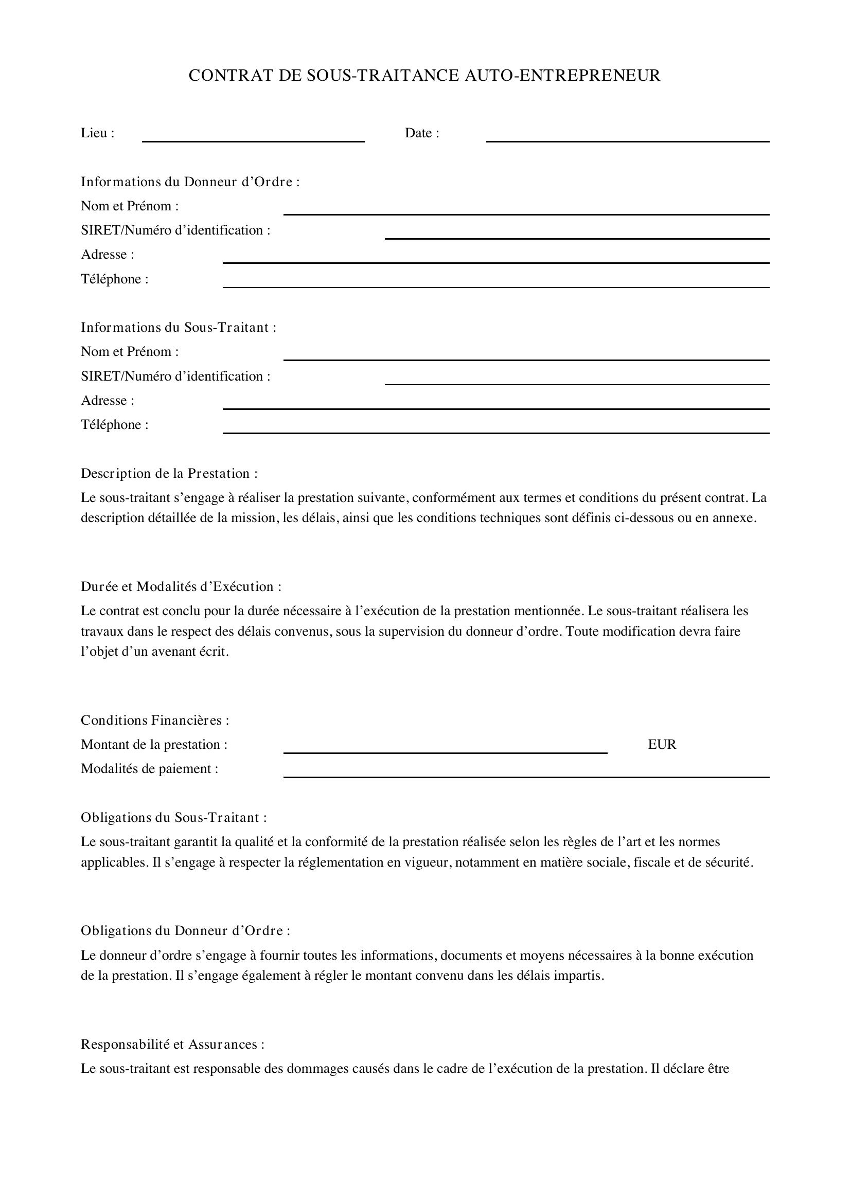 Contrat De Sous-Traitance Auto-Entrepreneur