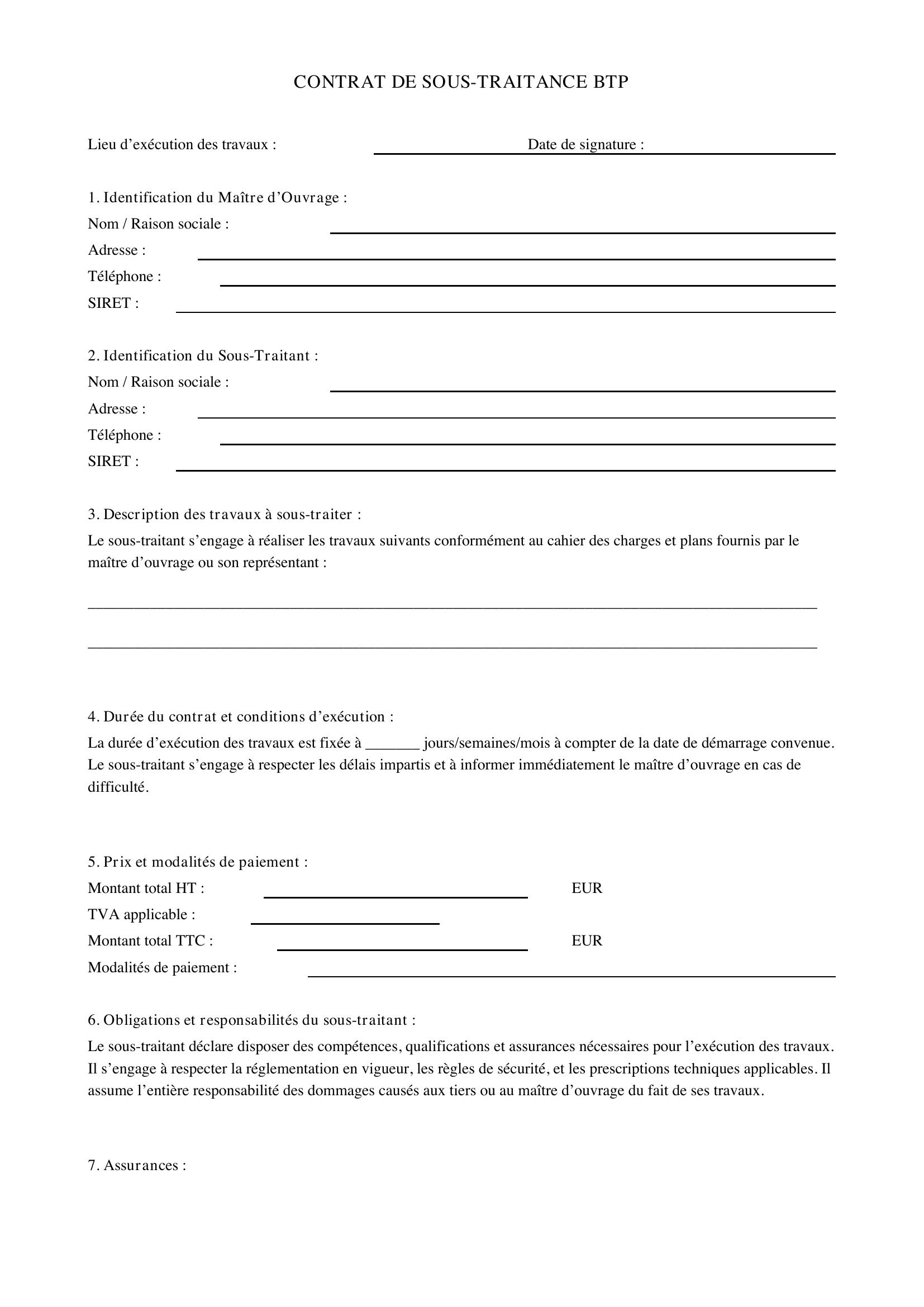 Contrat De Sous-Traitance Btp