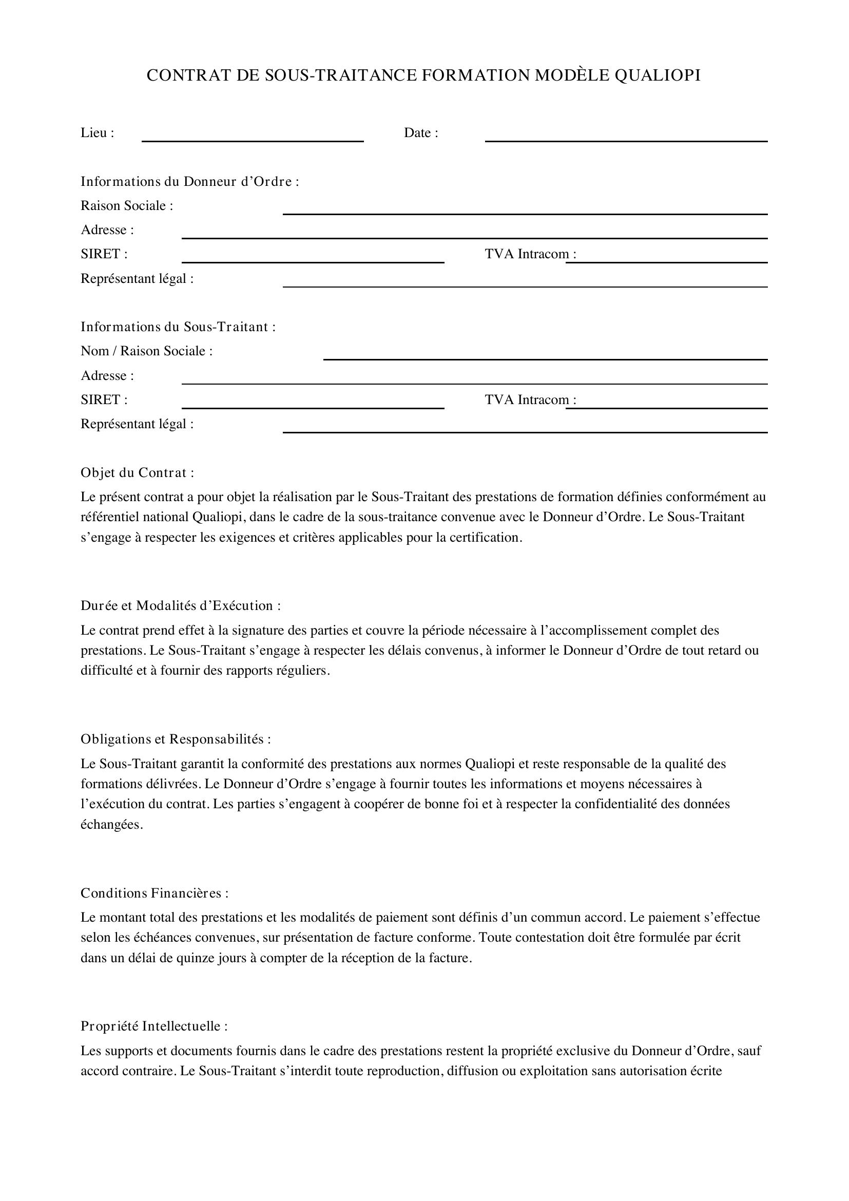 Contrat De Sous-Traitance Formation Modèle Qualiopi