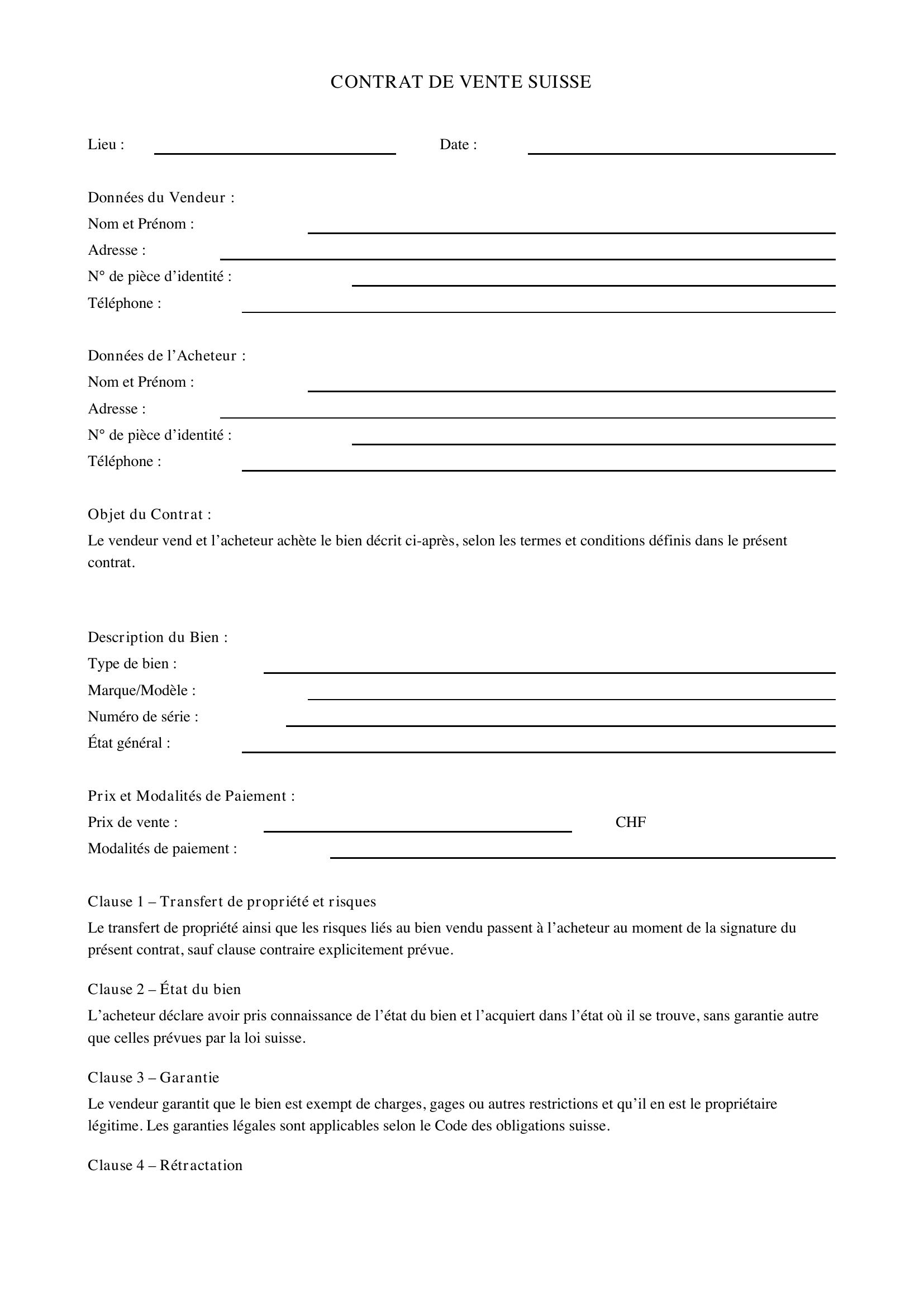 Contrat De Vente Suisse Modèle
