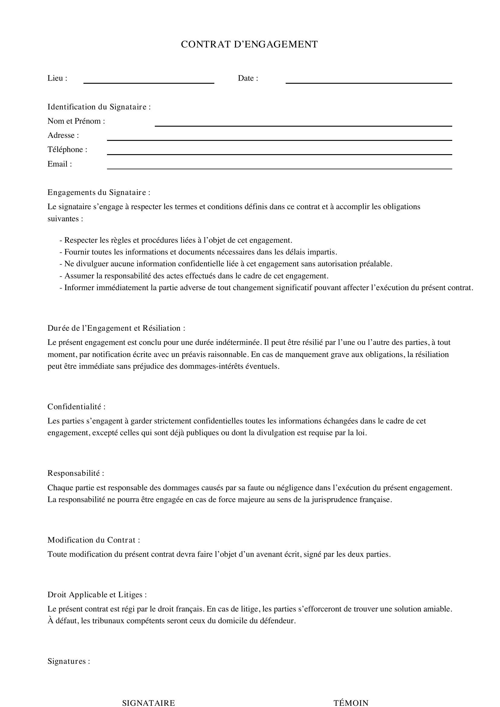 Contrat D'Engagement Exemple