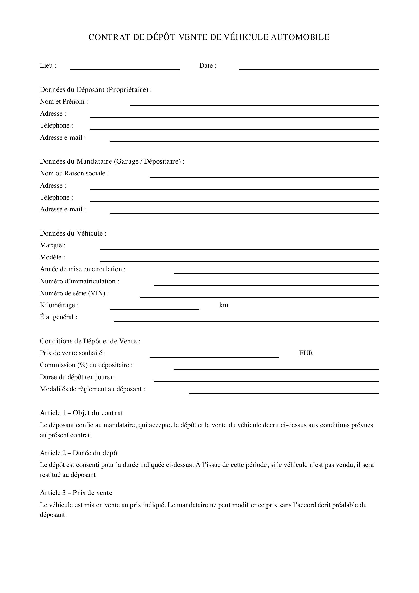 Contrat Depot Vente Voiture