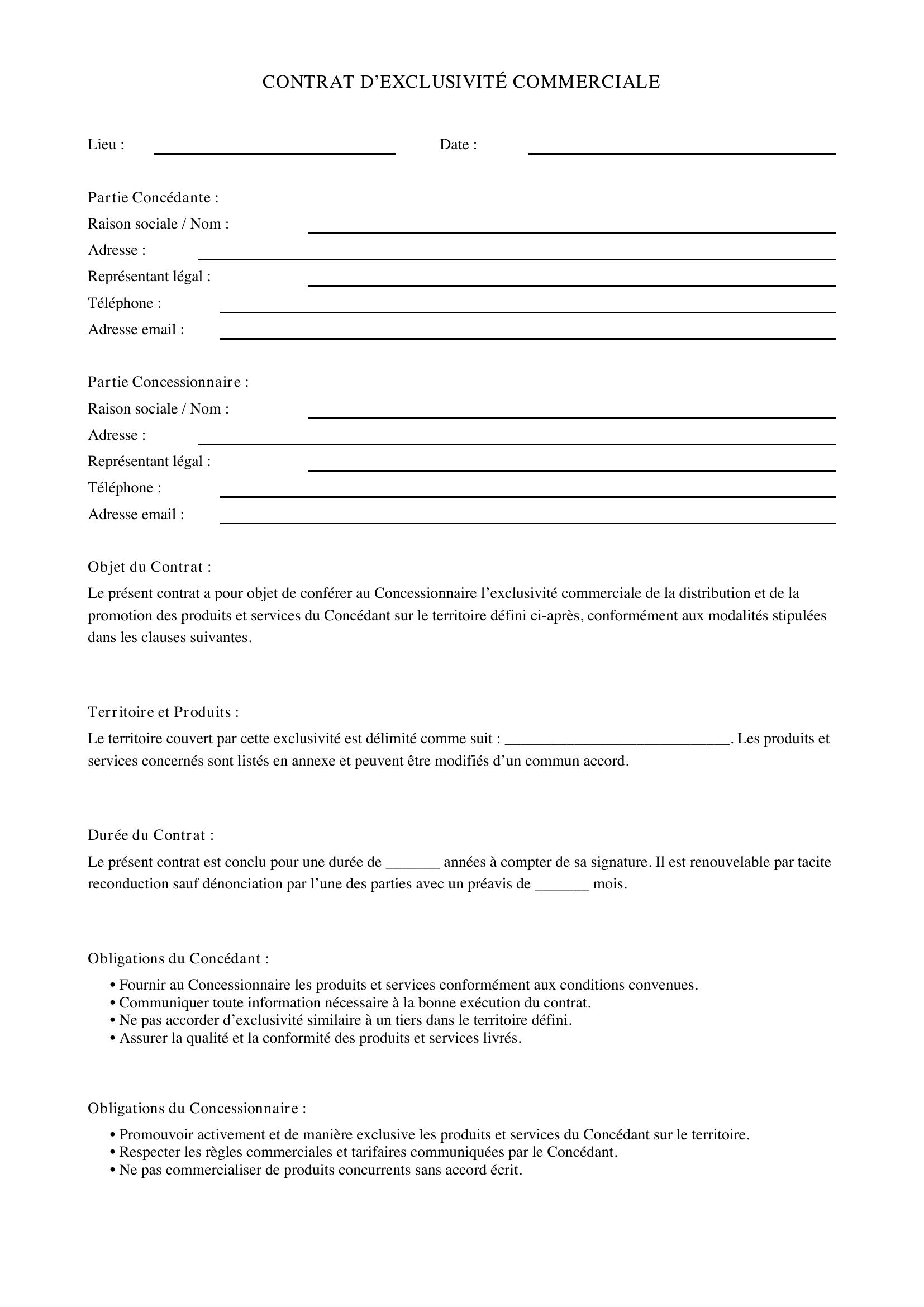 Contrat D'Exclusivité Commerciale Modèle