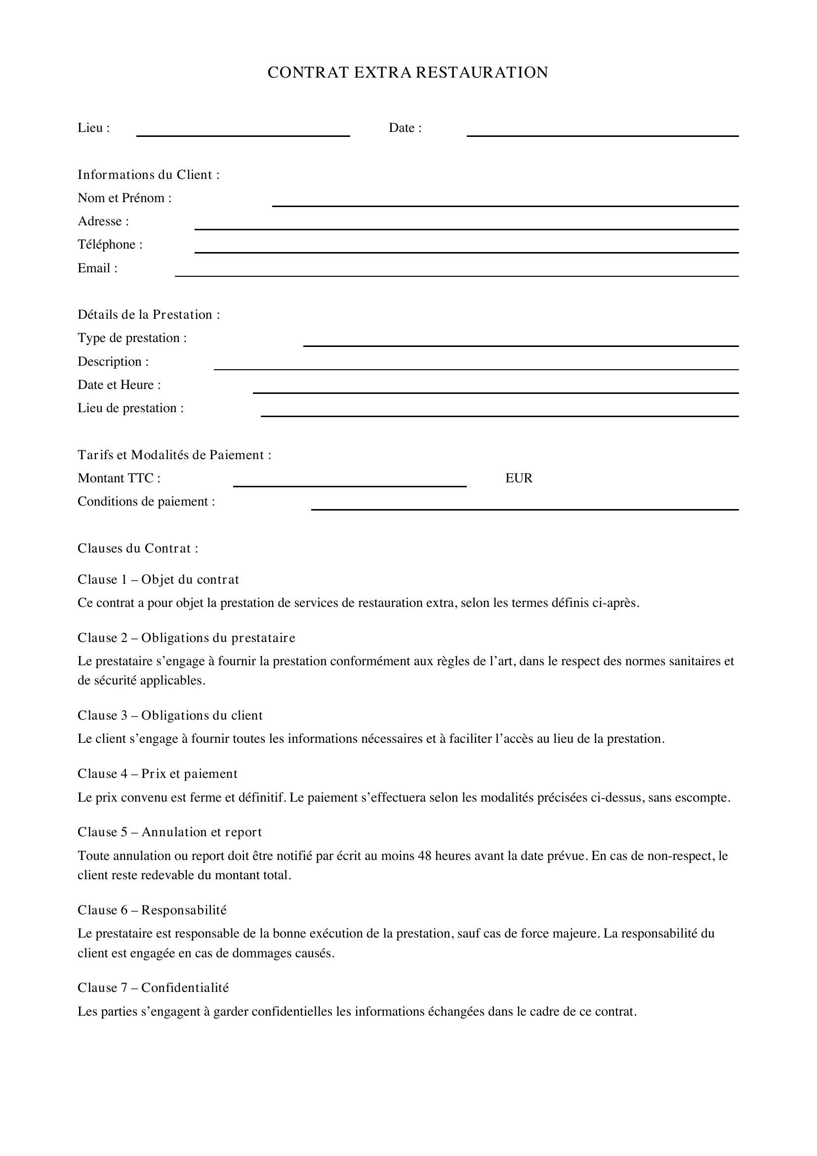 Contrat Extra Restauration