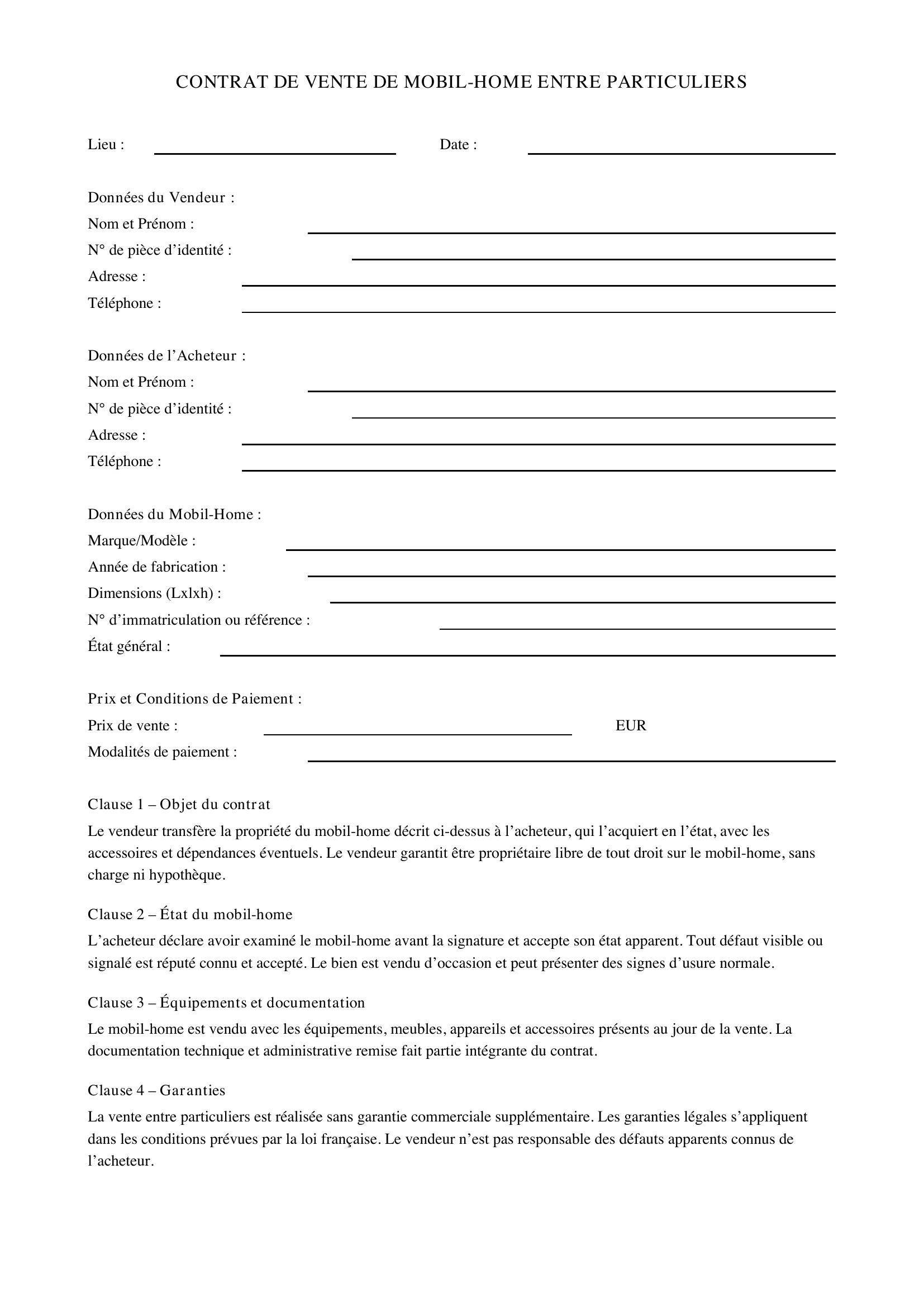 Contrat Vente Mobil Home Entre Particulier