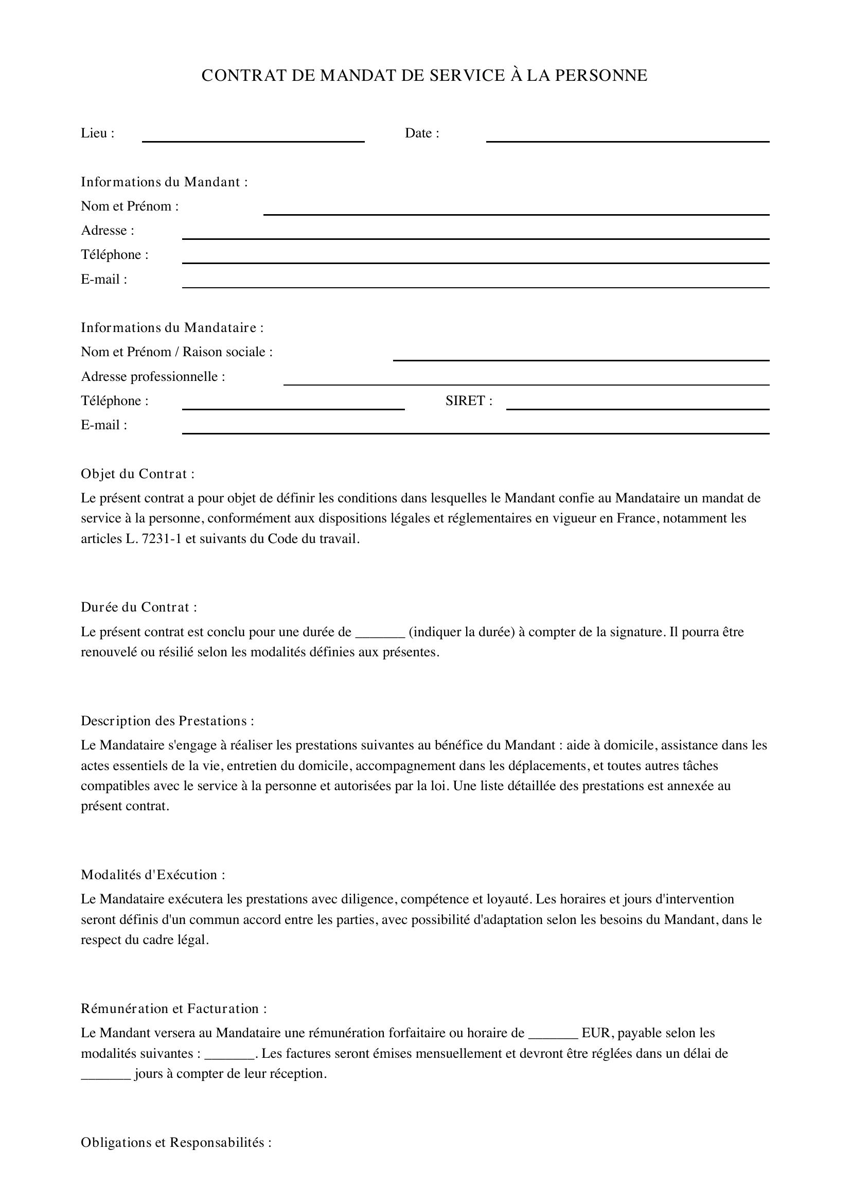 Exemple Contrat De Mandat Service À La Personne