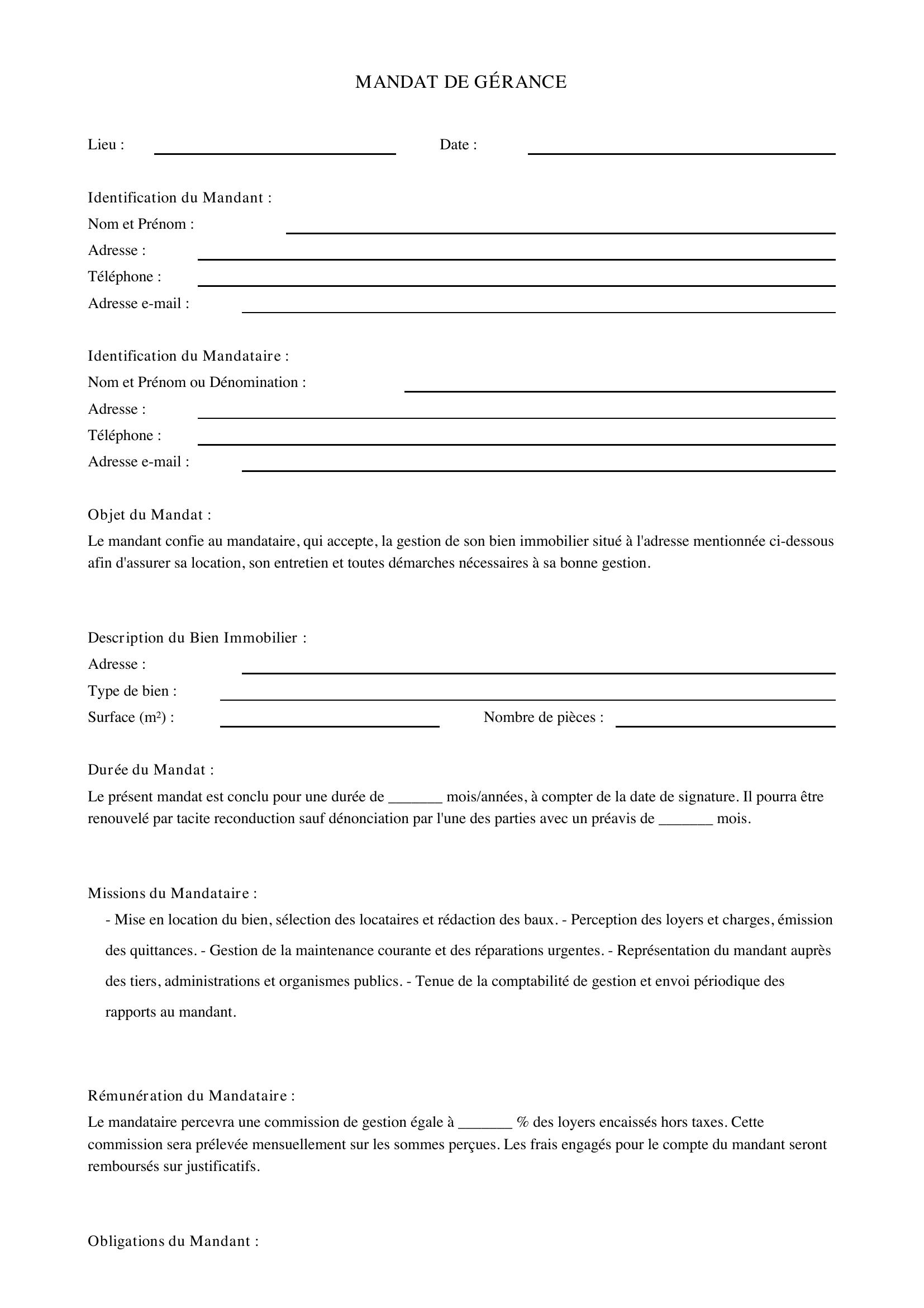 Exemple De Mandat De Gérance