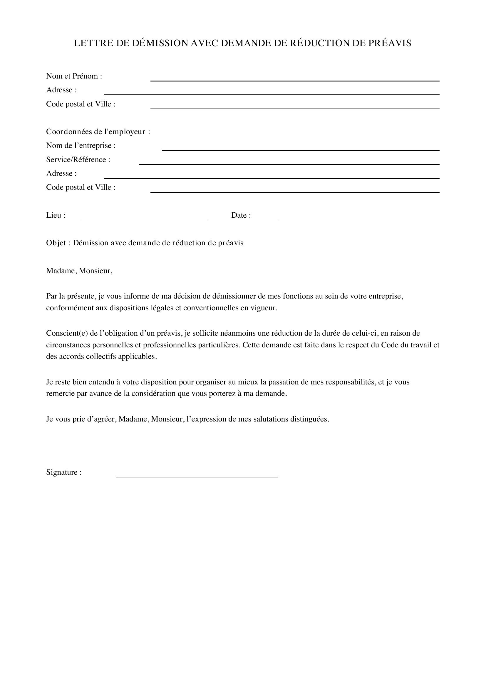 Lettre De Demission Avec Demande De Reduction Preavis