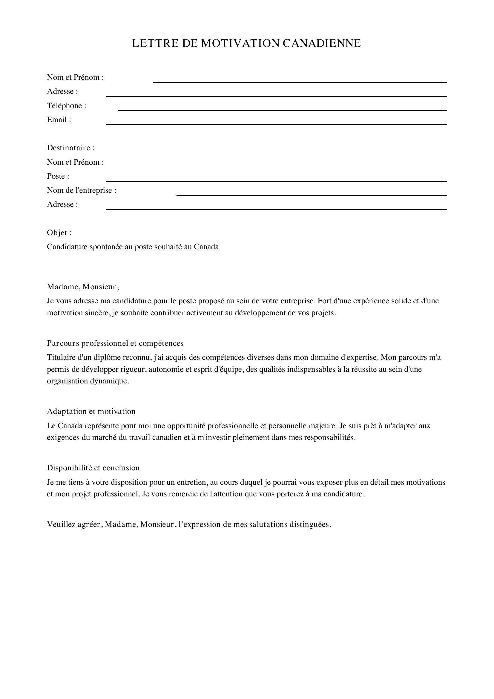Lettre De Motivation Canadienne