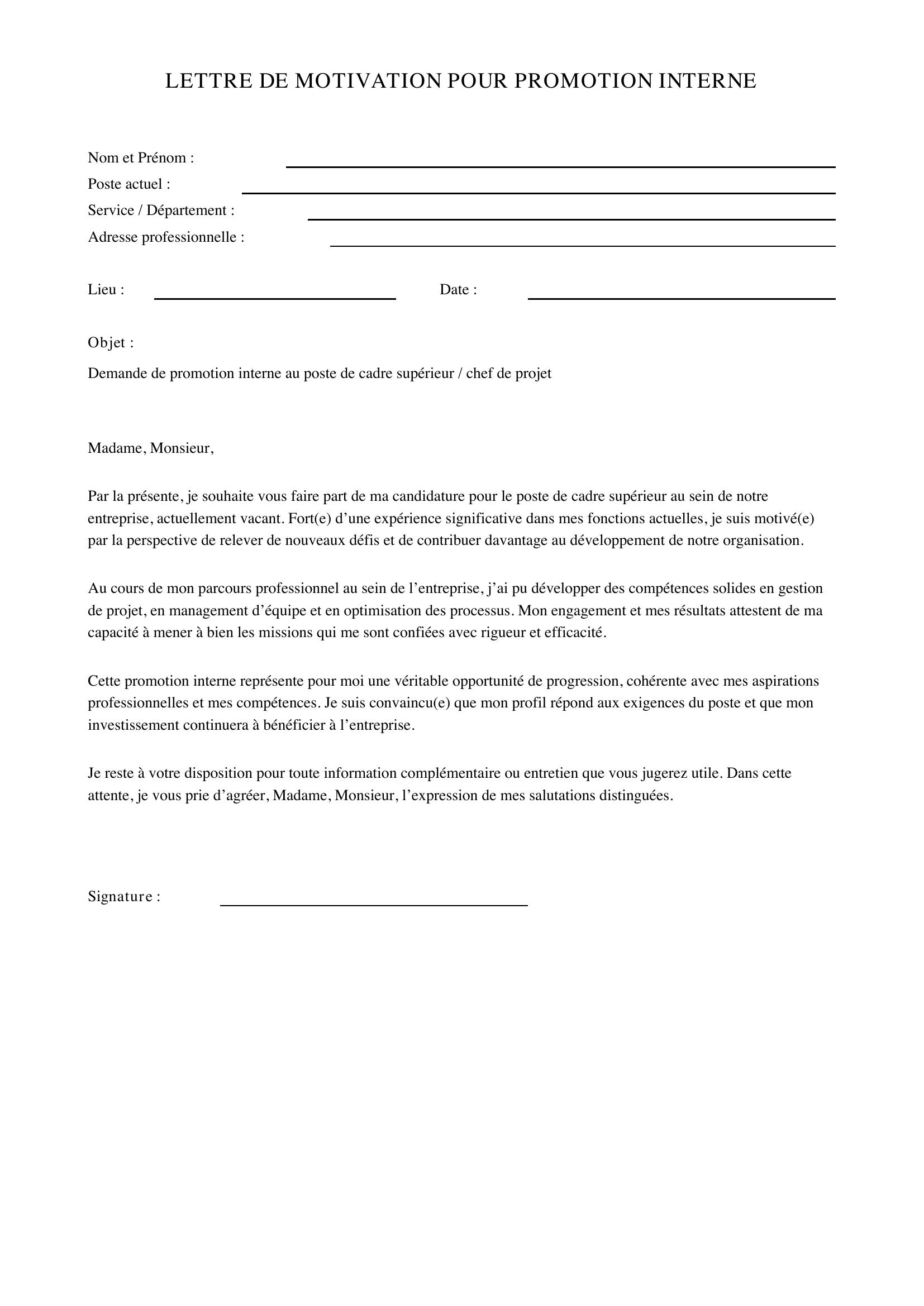 Lettre De Motivation Promotion Interne