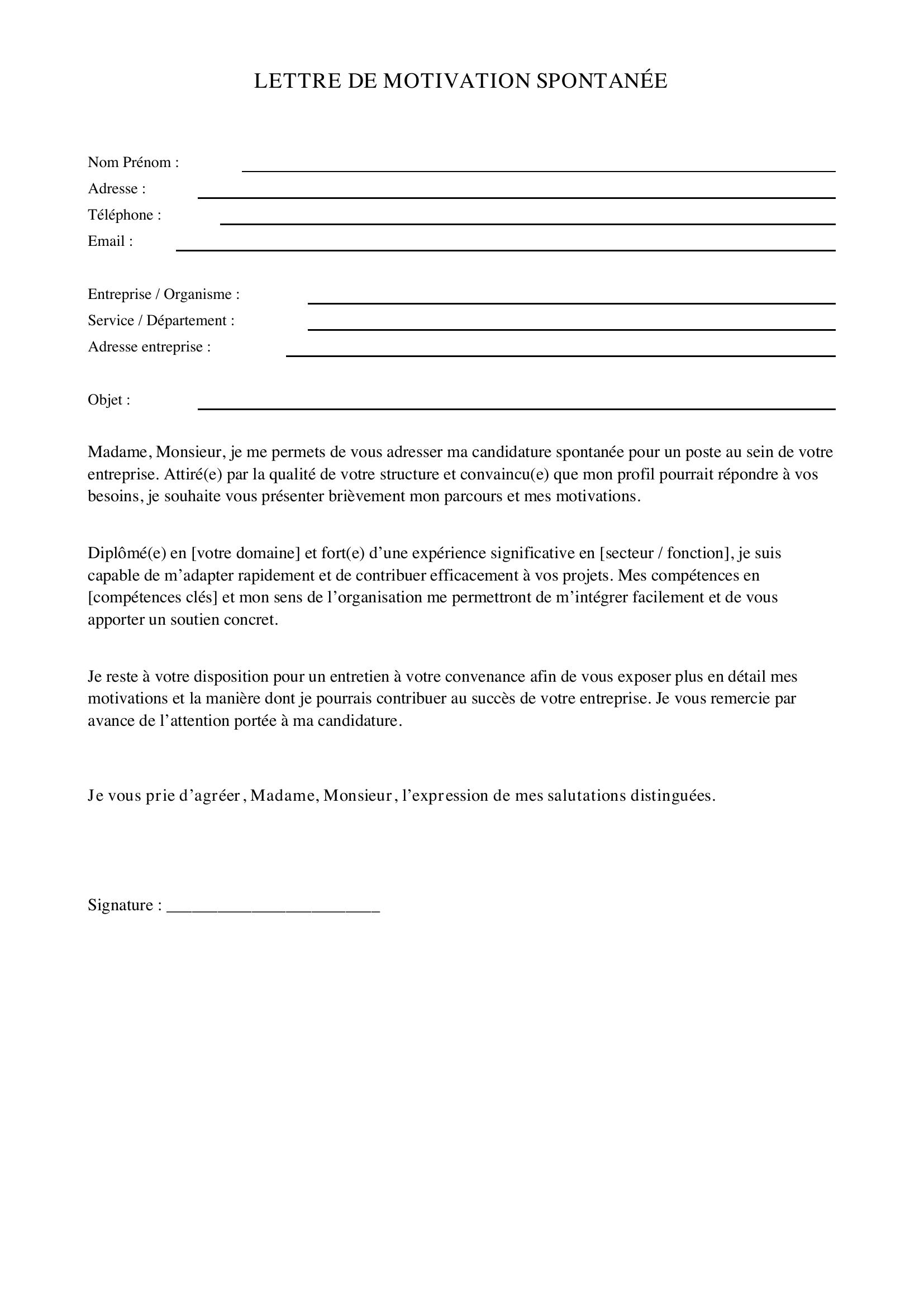 Lettre De Motivation Spontanée Simple Et Courte