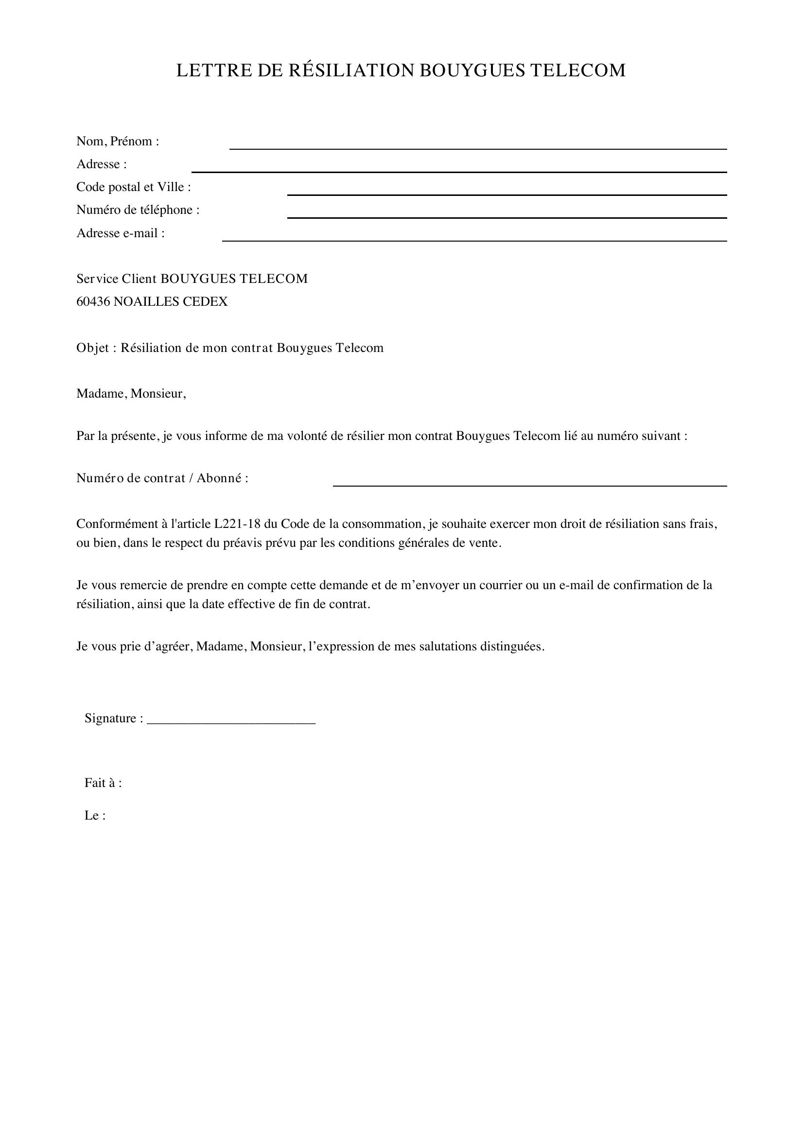 Lettre De Résiliation Bouygues Telecom