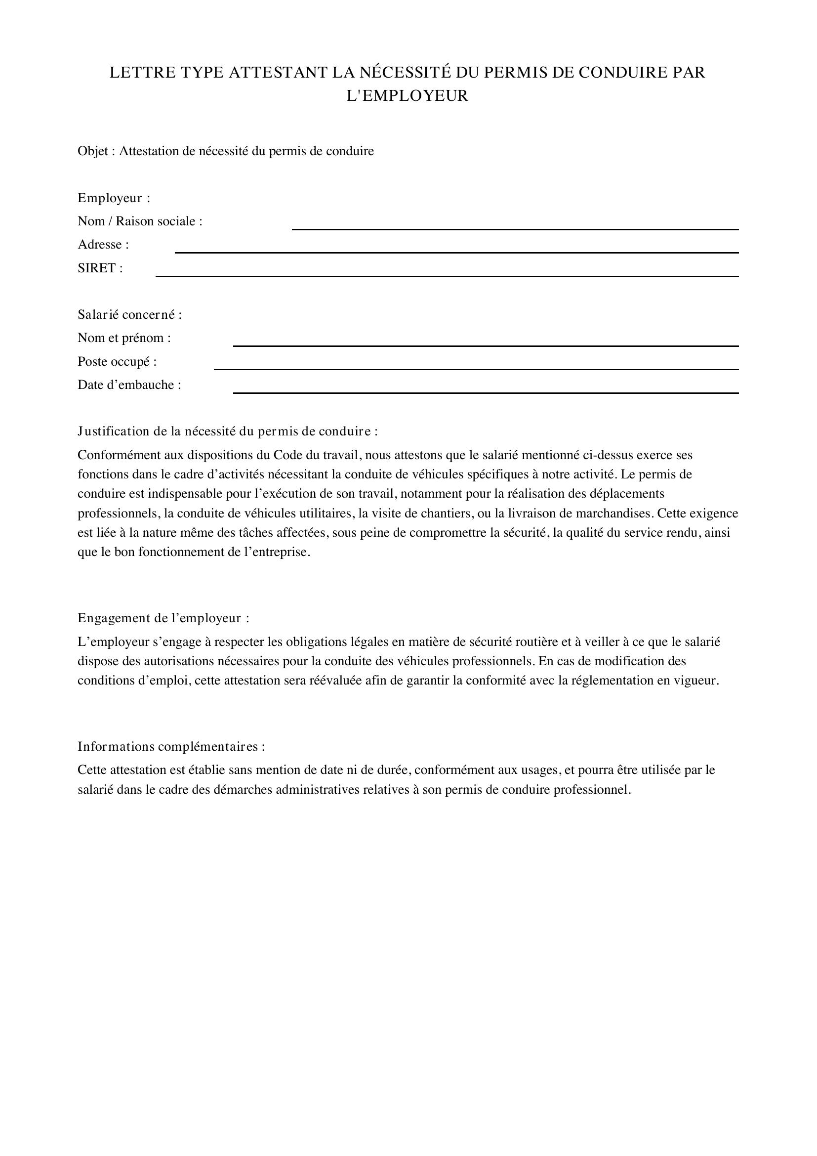 Lettre Type Attestant La Nécessité Du Permis De Conduire Par L'Employeur