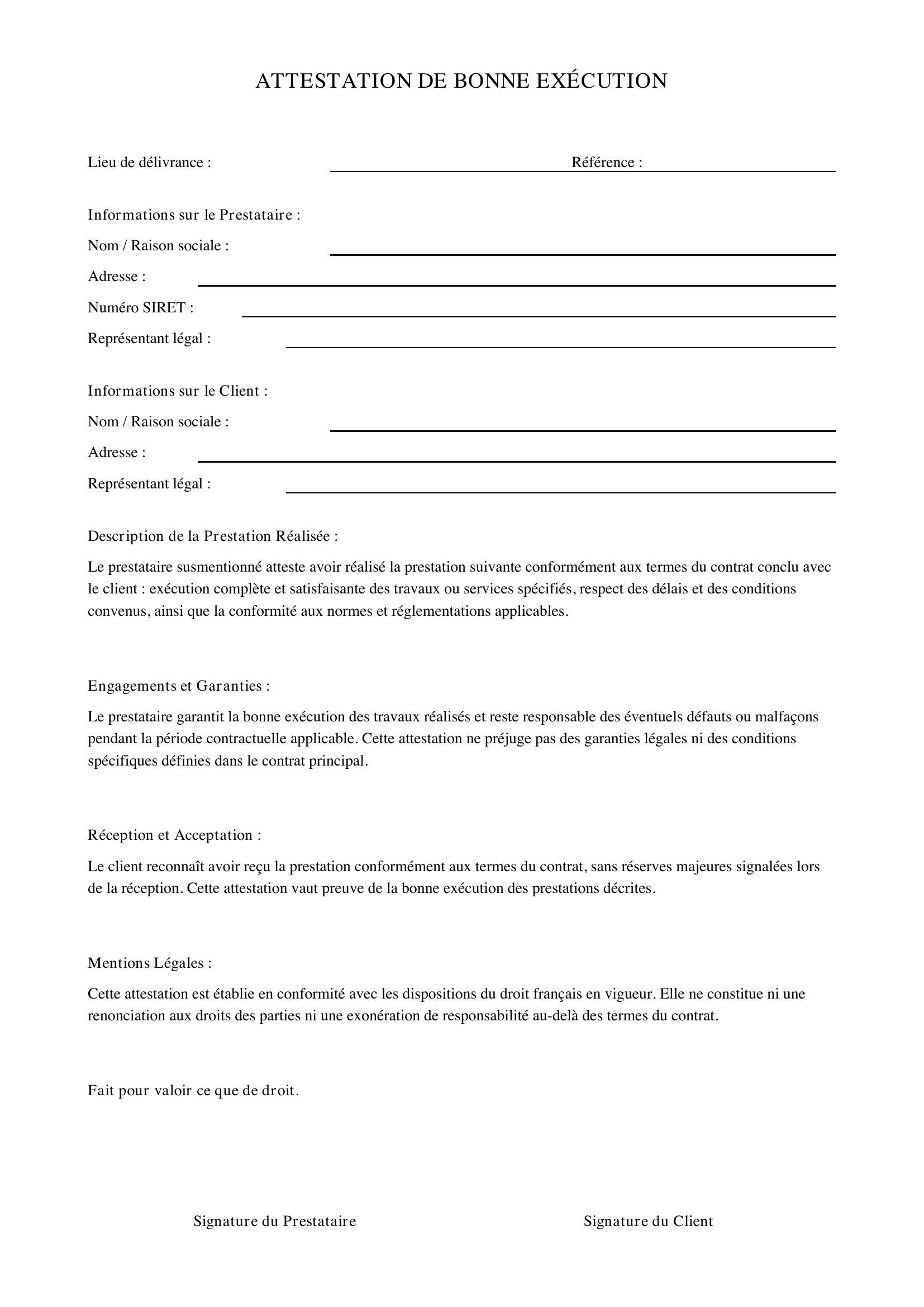 Modèle Attestation De Bonne Exécution