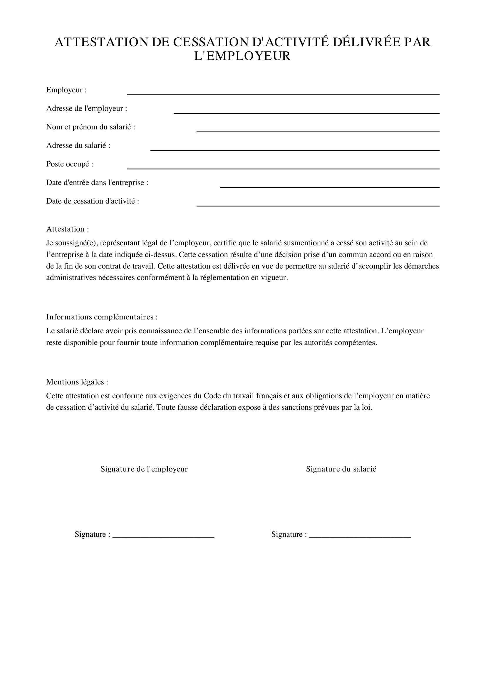 Modele Attestation De Cessation D'Activité Délivrée Par L'Employeur