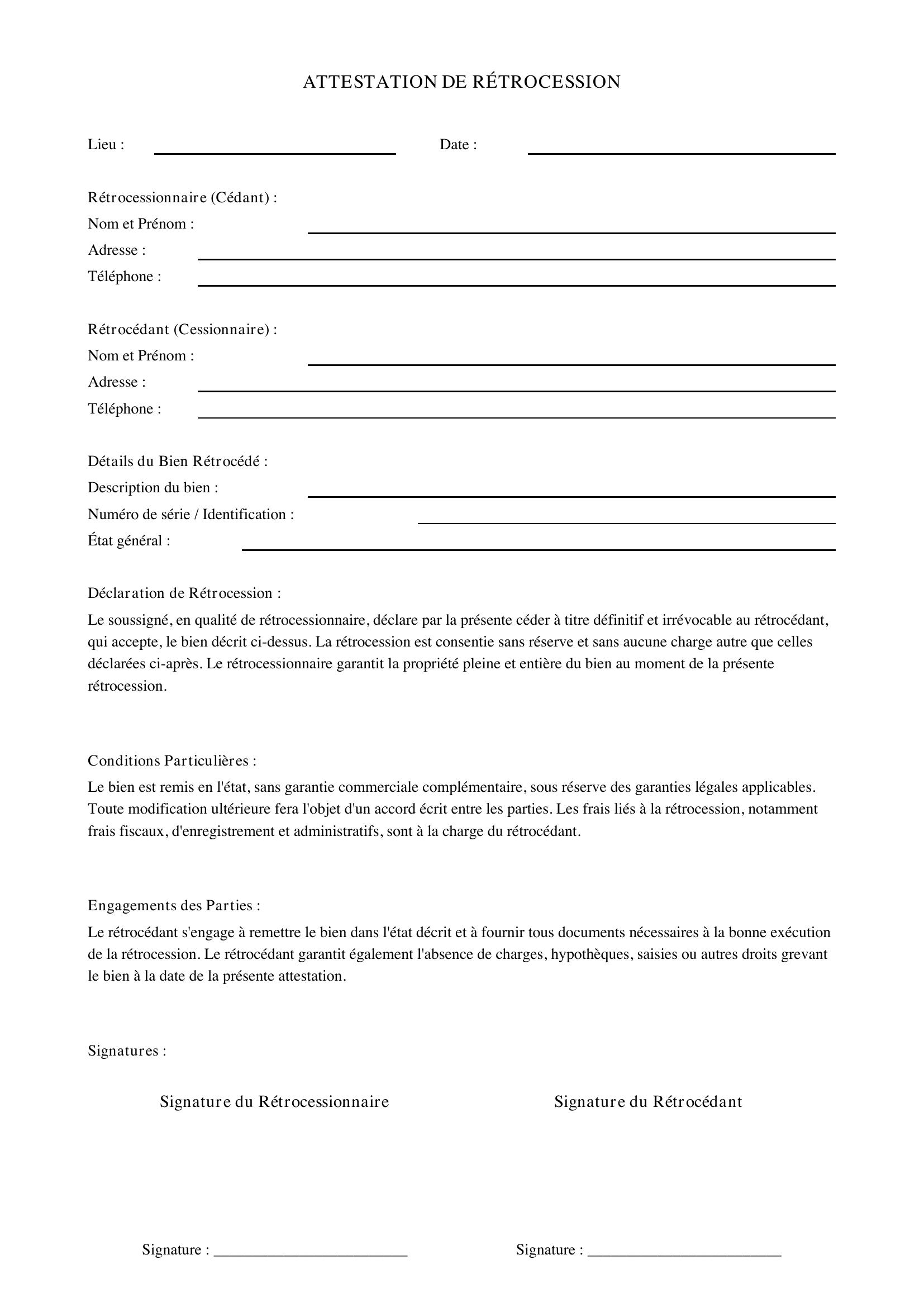 Modèle Attestation De Rétrocession