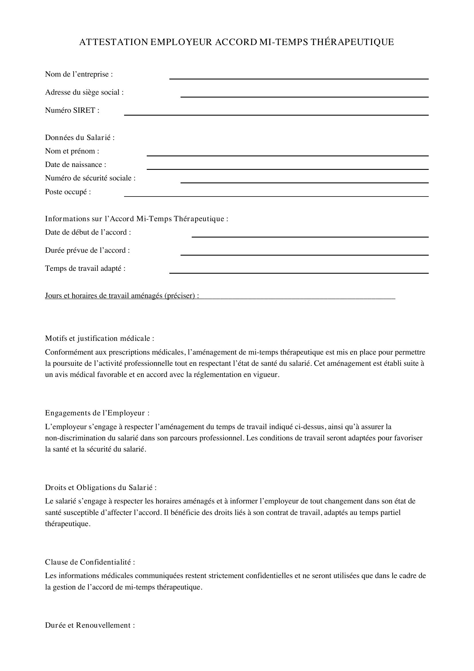 Modèle Attestation Employeur Accord Mi-Temps Thérapeutique