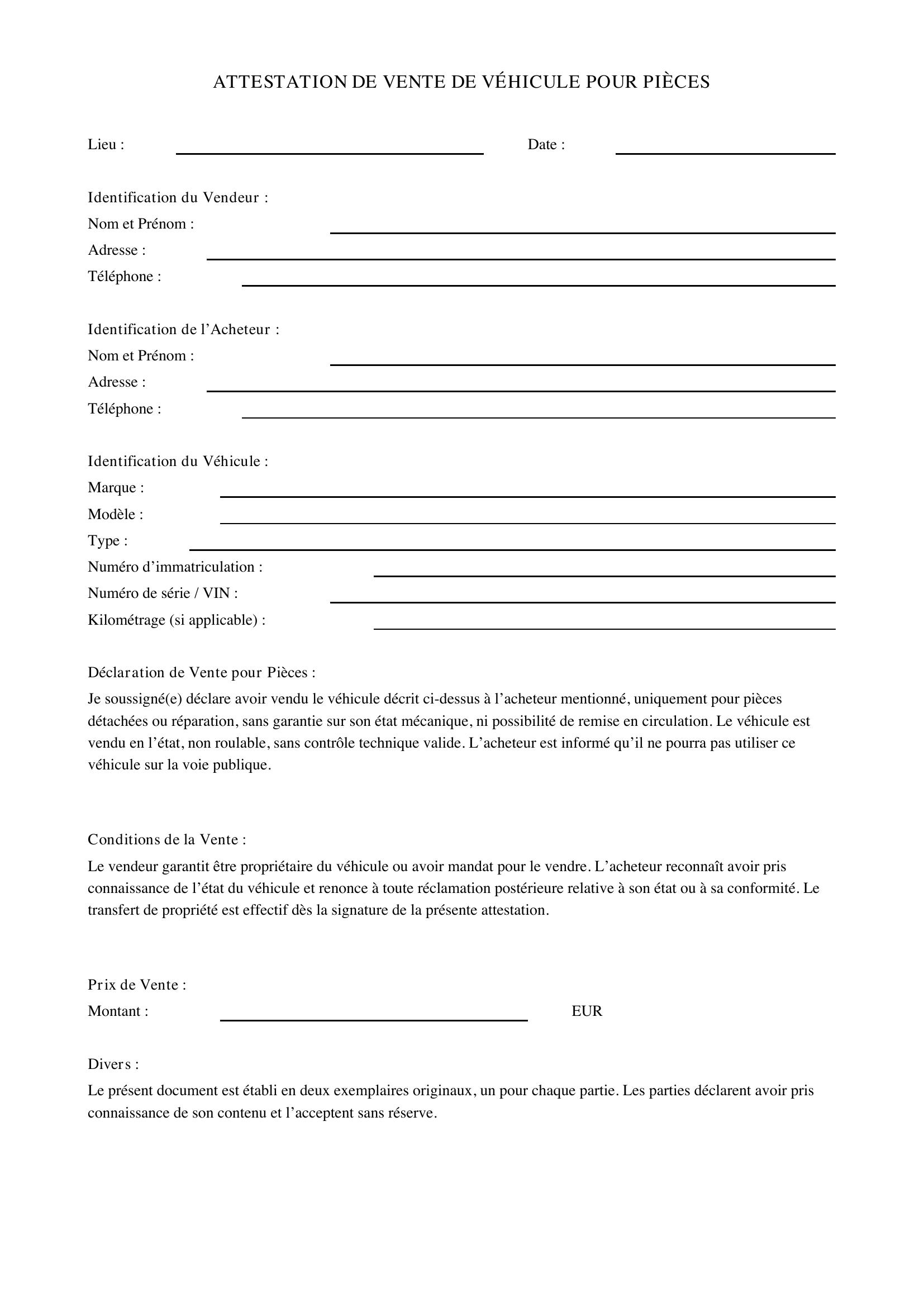Modèle Attestation Vente Véhicule Pour Pièces