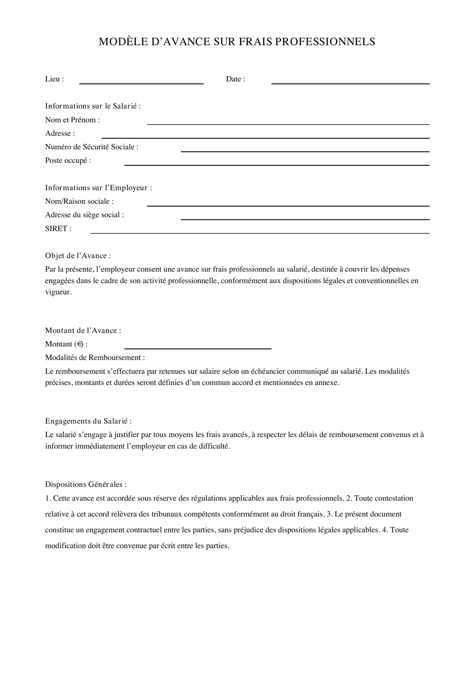 Modèle Avance Sur Frais Professionnels