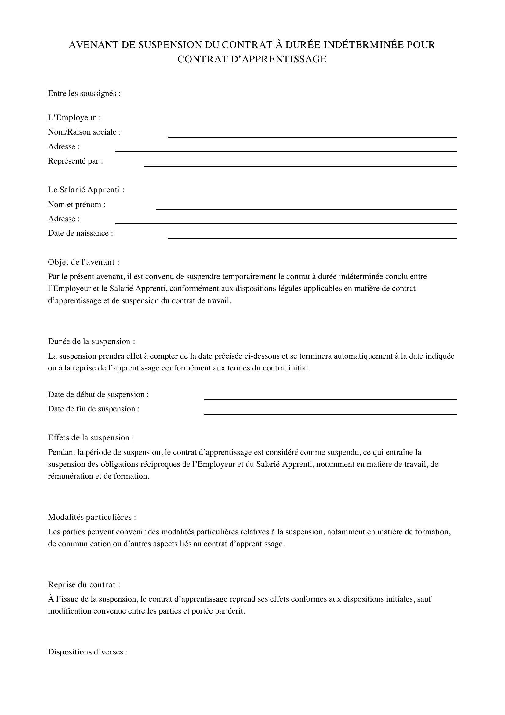 Modèle Avenant Suspension Cdi Pour Contrat D'Apprentissage