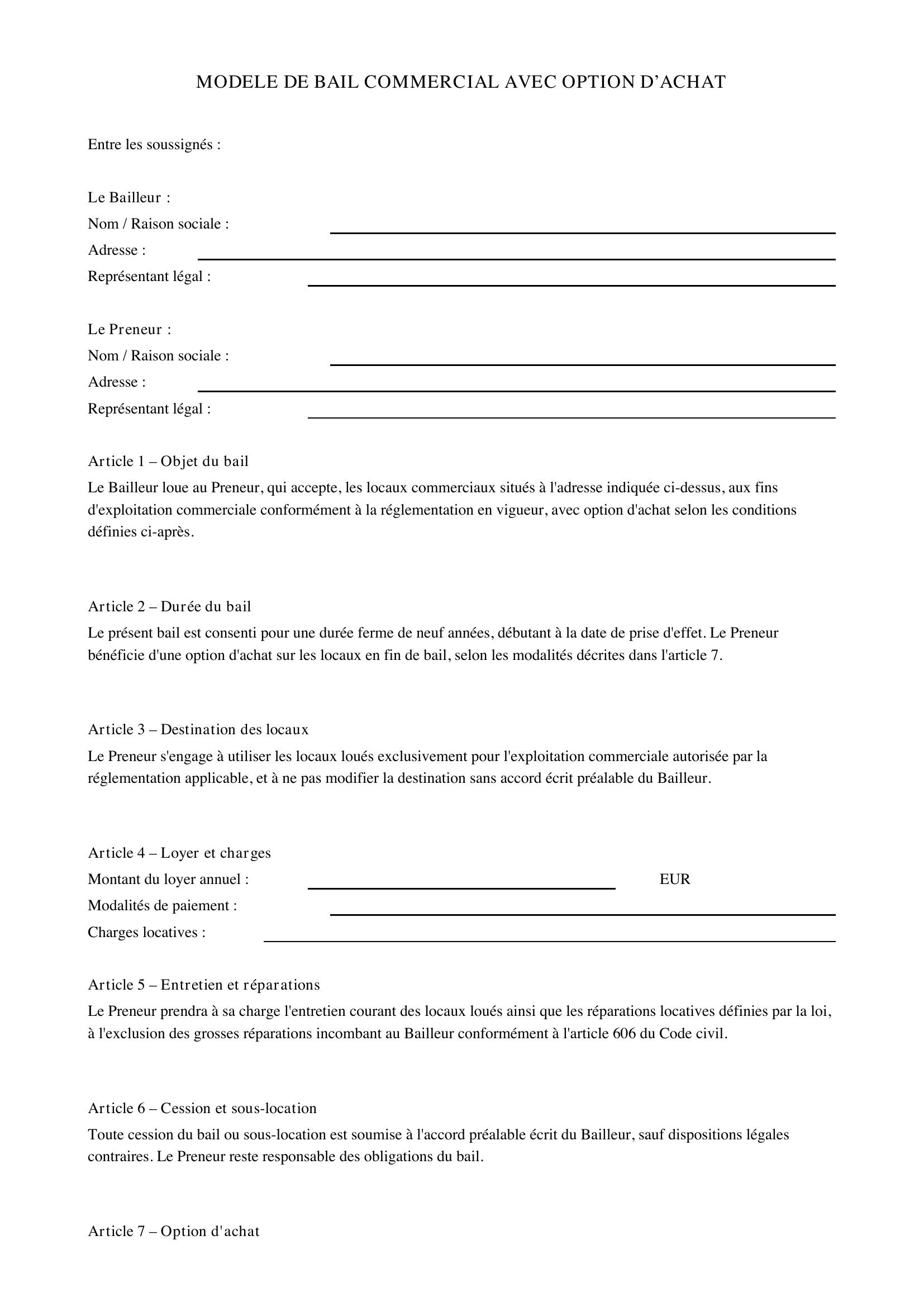 Modele Bail Commercial Avec Option D'Achat
