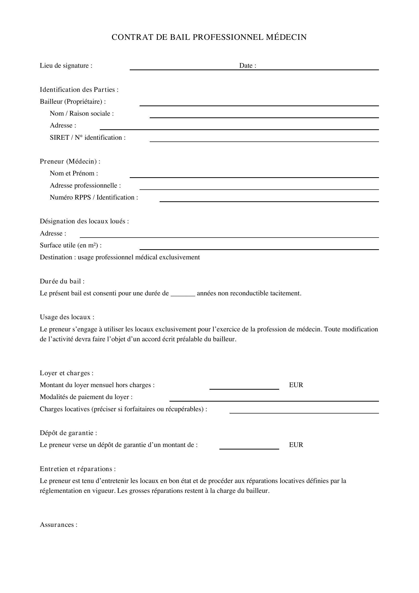 Modèle Bail Professionnel Médecin