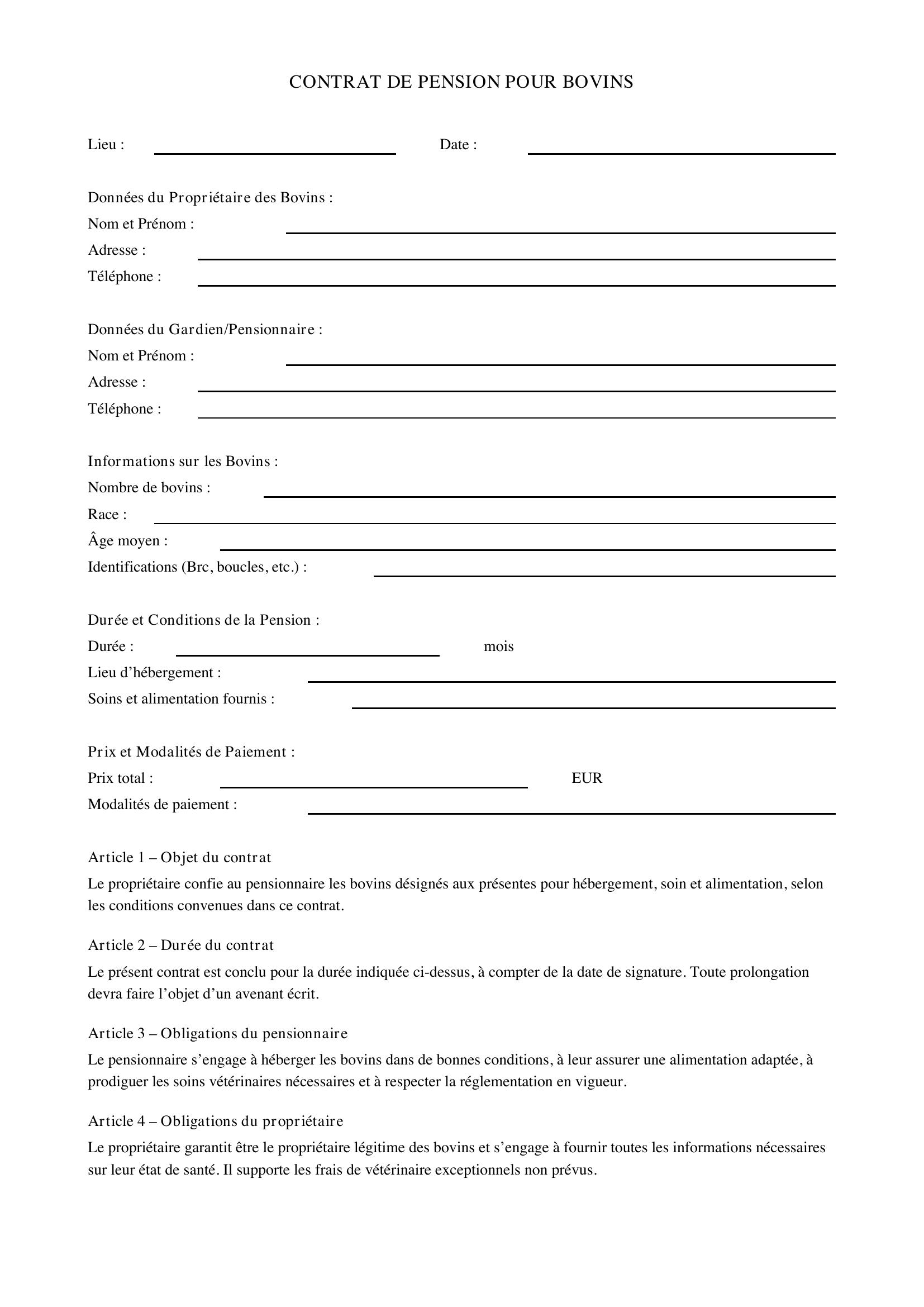 Modèle Contrat De Pension Pour Bovins