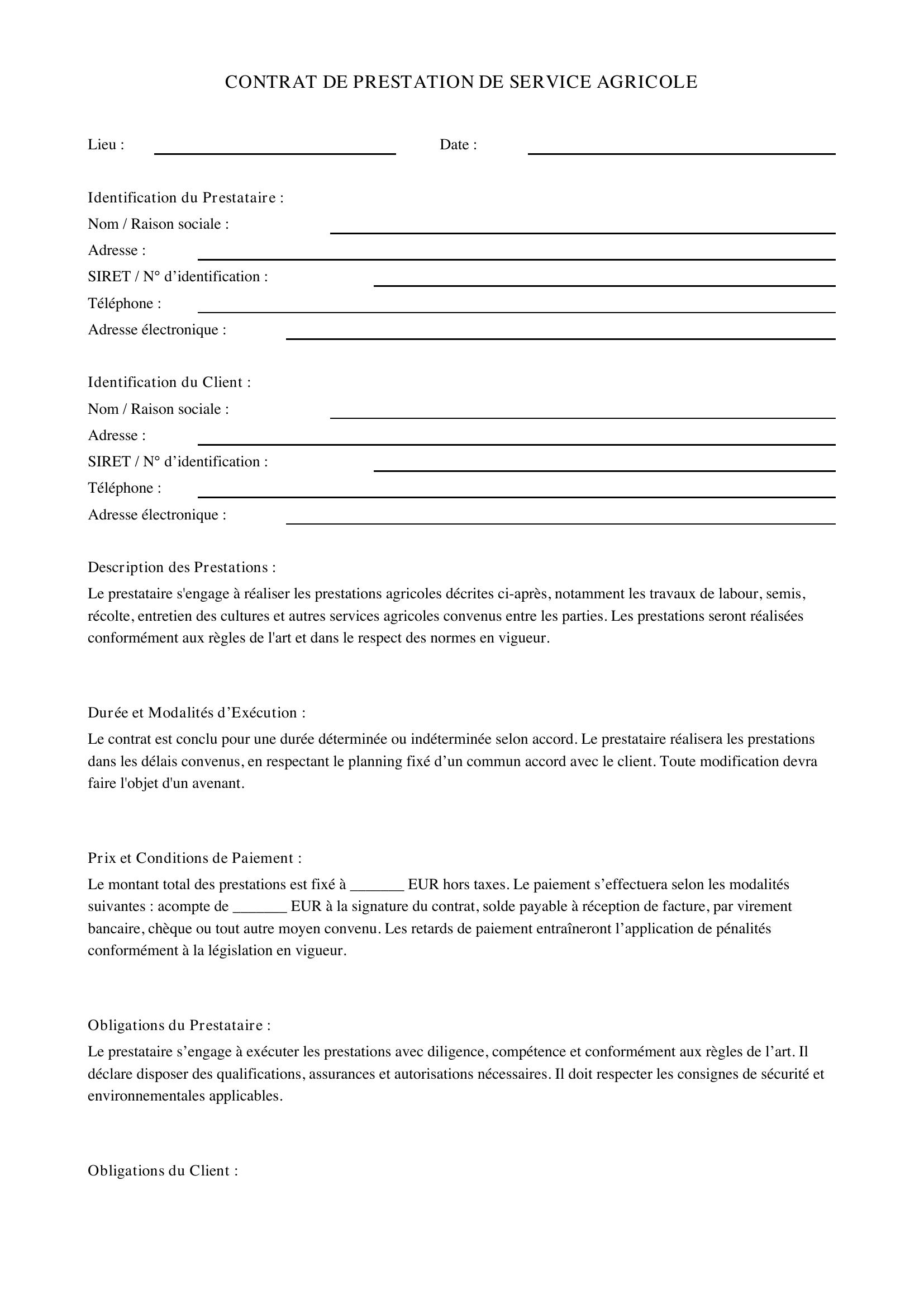 Modèle Contrat De Prestation De Service Agricole