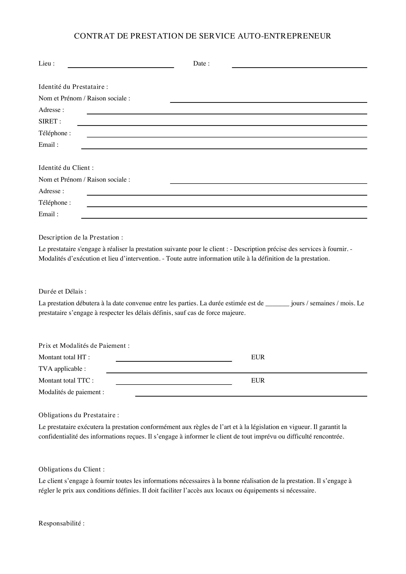 Modèle Contrat De Prestation De Service Auto-Entrepreneur