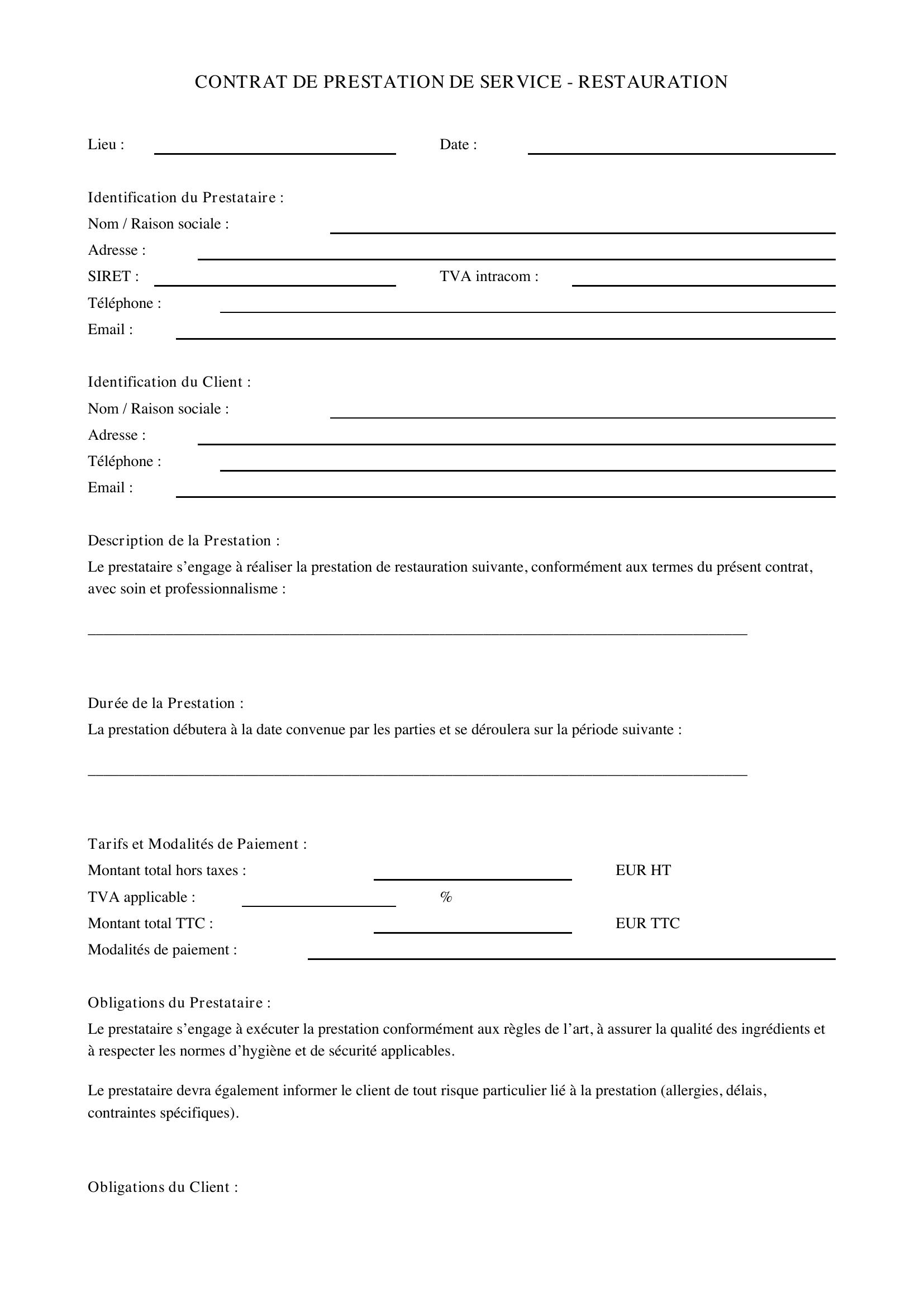 Modèle Contrat De Prestation De Service Restauration