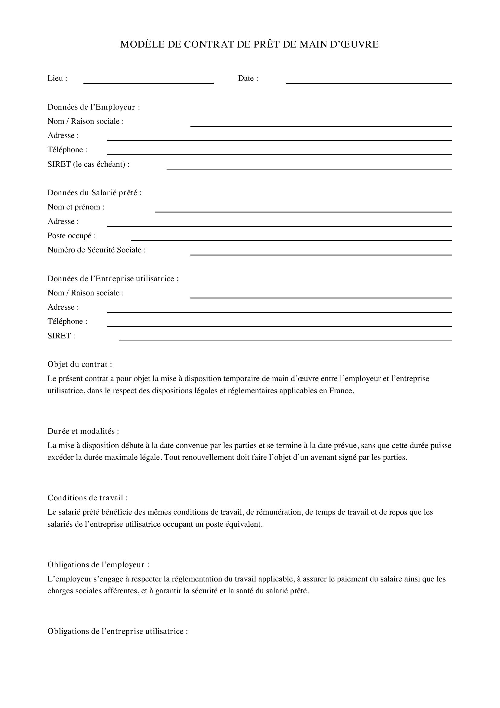 Modèle Contrat De Prêt De Main D'Oeuvre