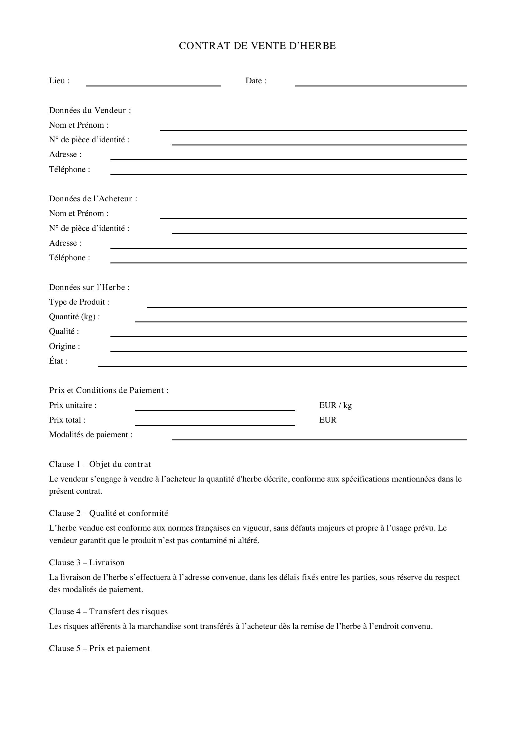 Modèle Contrat De Vente D'Herbe