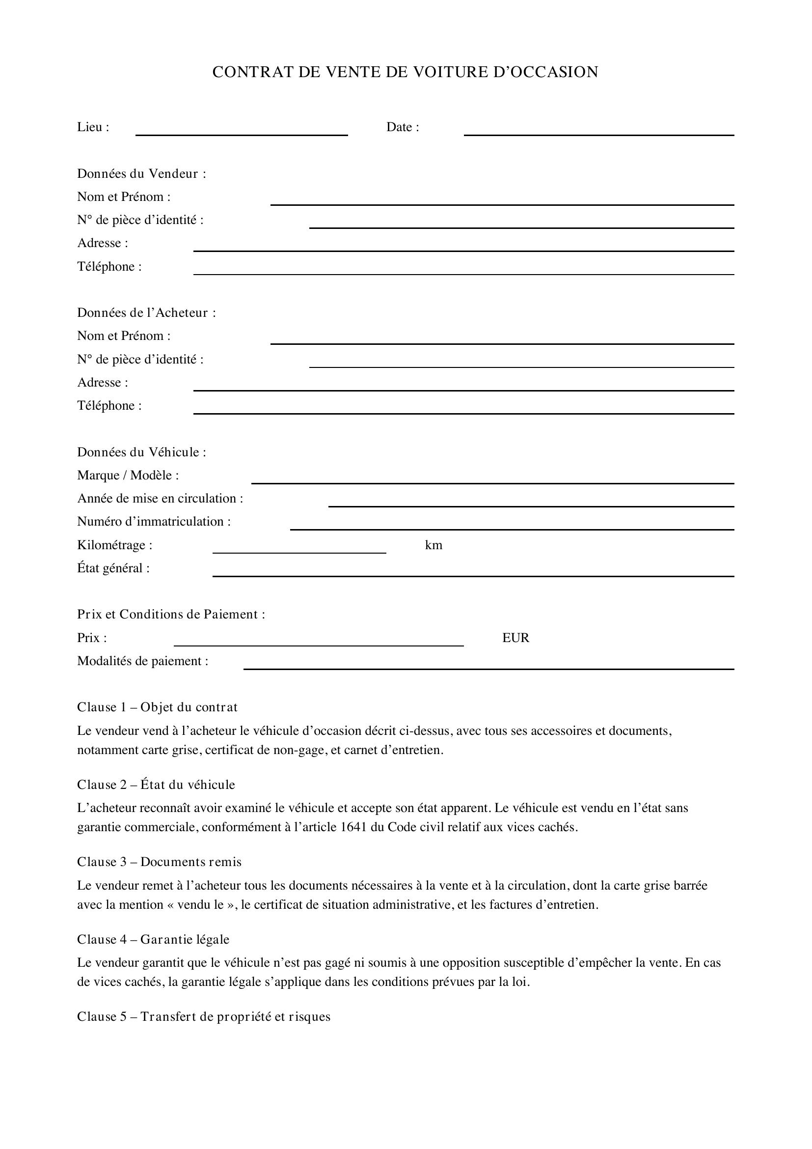 Modèle Contrat De Vente Voiture D'Occasion