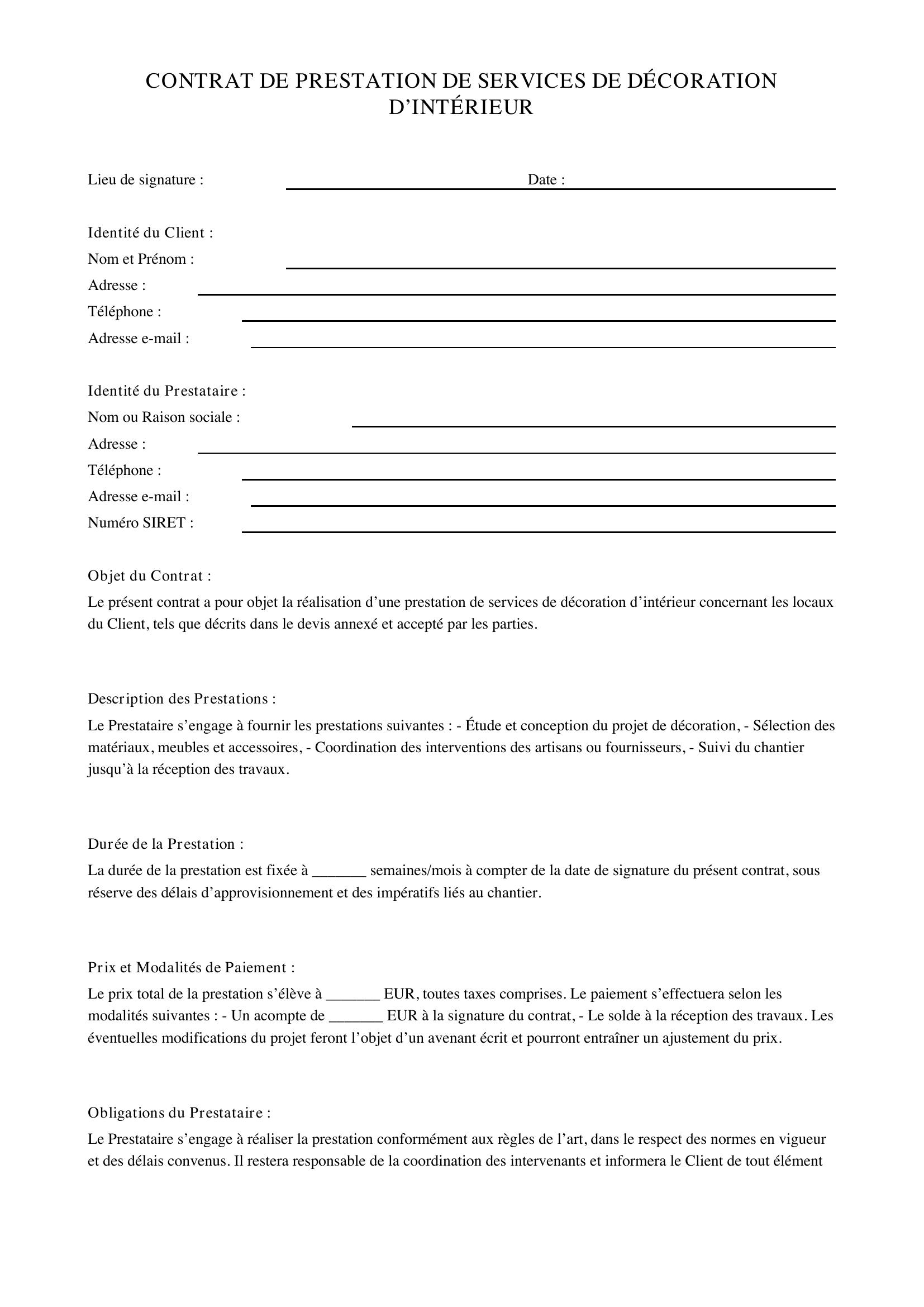Modèle Contrat Décoration D'Intérieur
